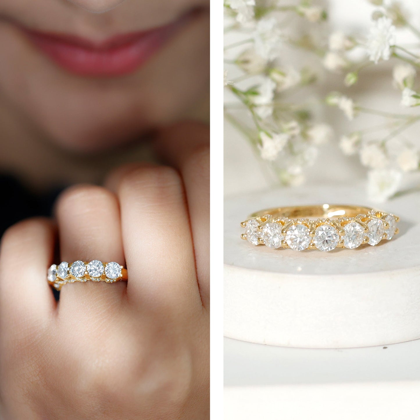 Shared Prong Set Round Moissanite Designer Wedding Band