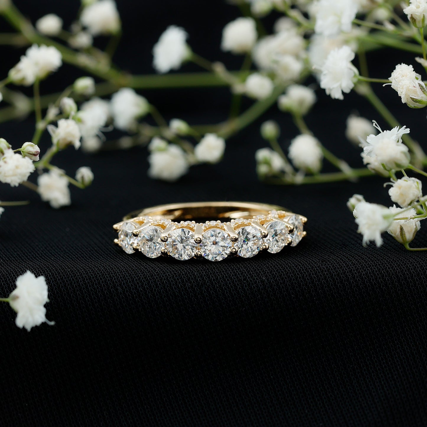 Shared Prong Set Round Moissanite Designer Wedding Band