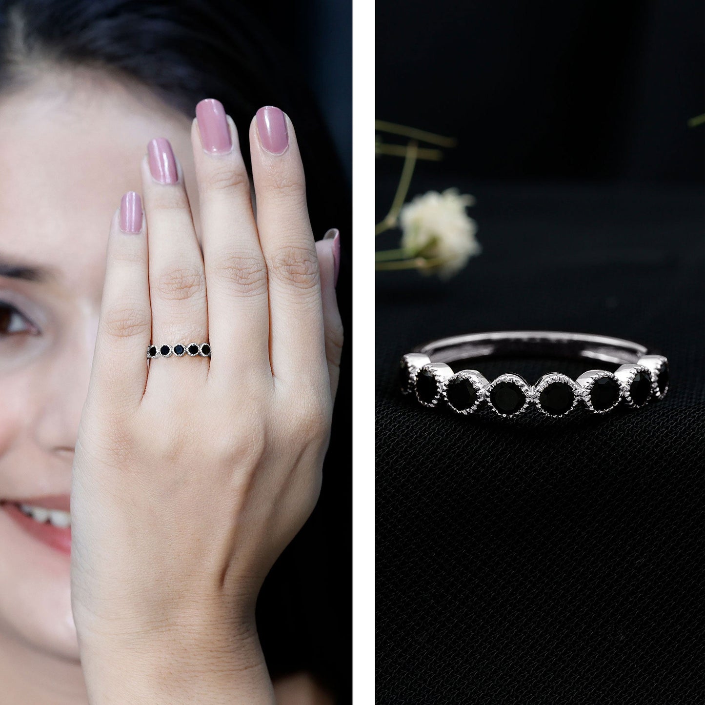 Beaded Bezel Set Black Onyx Half Eternity Wedding Band