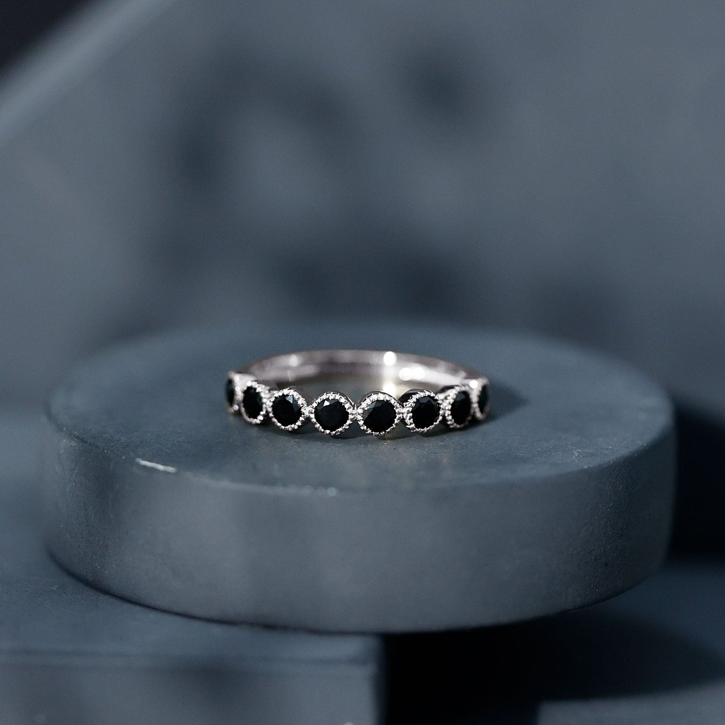 Beaded Bezel Set Black Onyx Half Eternity Wedding Band