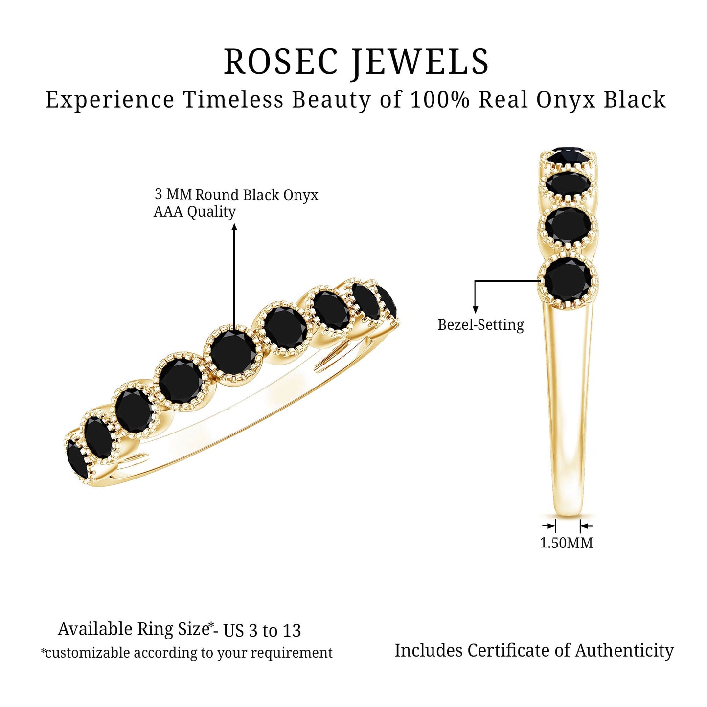 Beaded Bezel Set Black Onyx Half Eternity Wedding Band