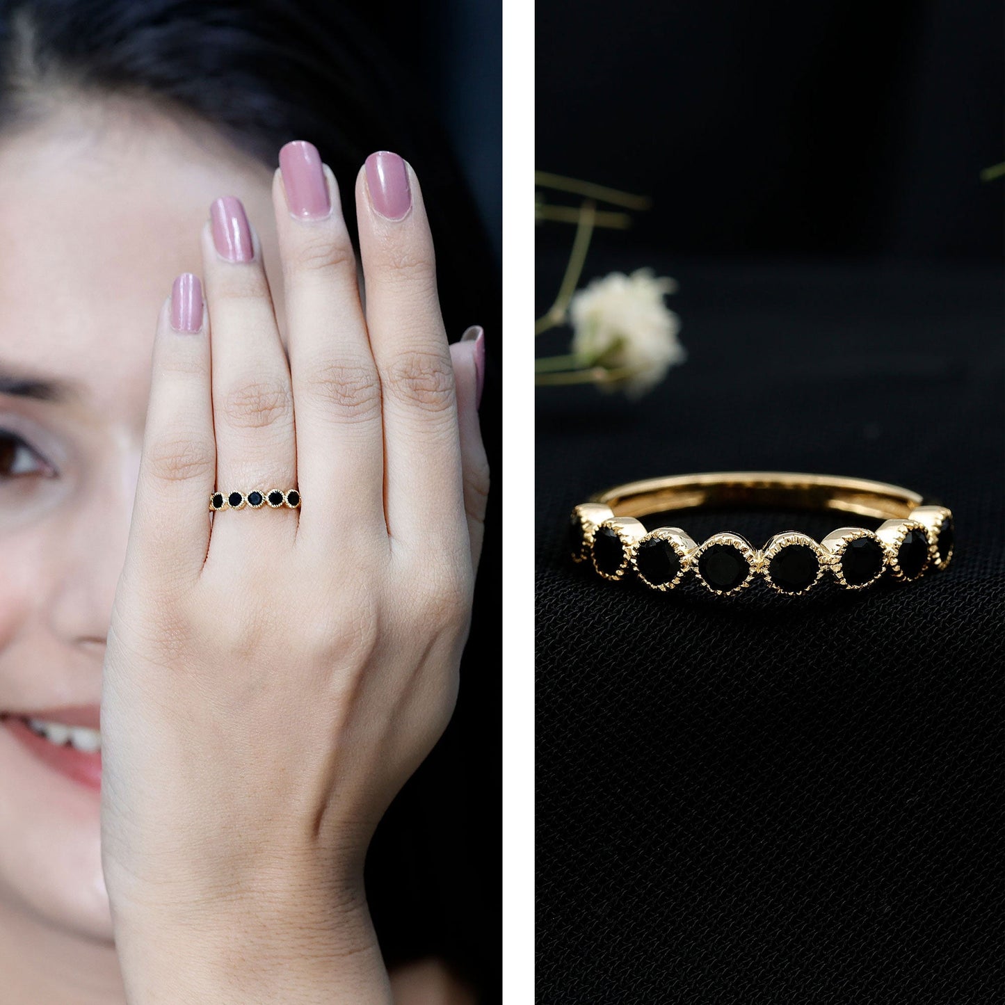 Beaded Bezel Set Black Onyx Half Eternity Wedding Band