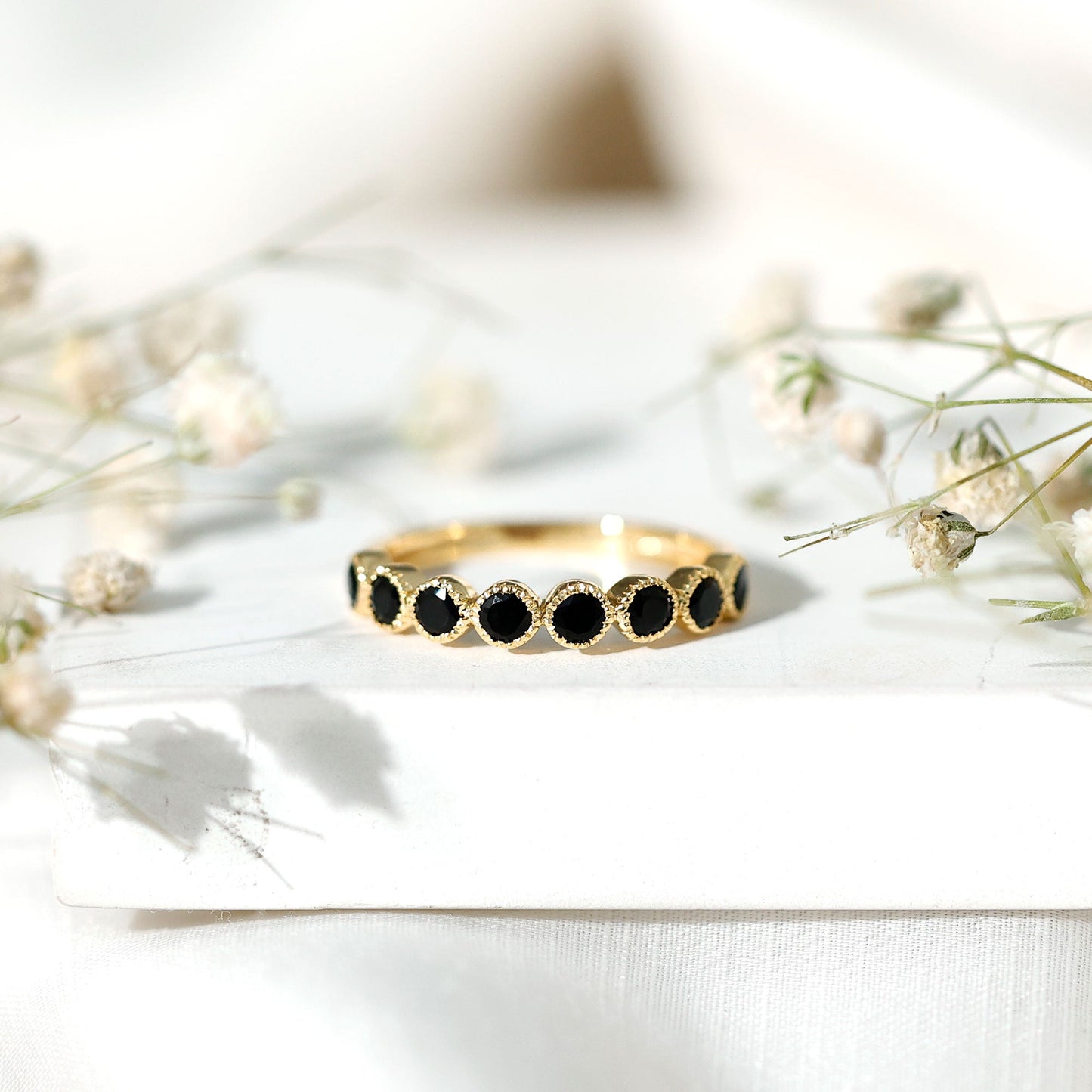 Beaded Bezel Set Black Onyx Half Eternity Wedding Band