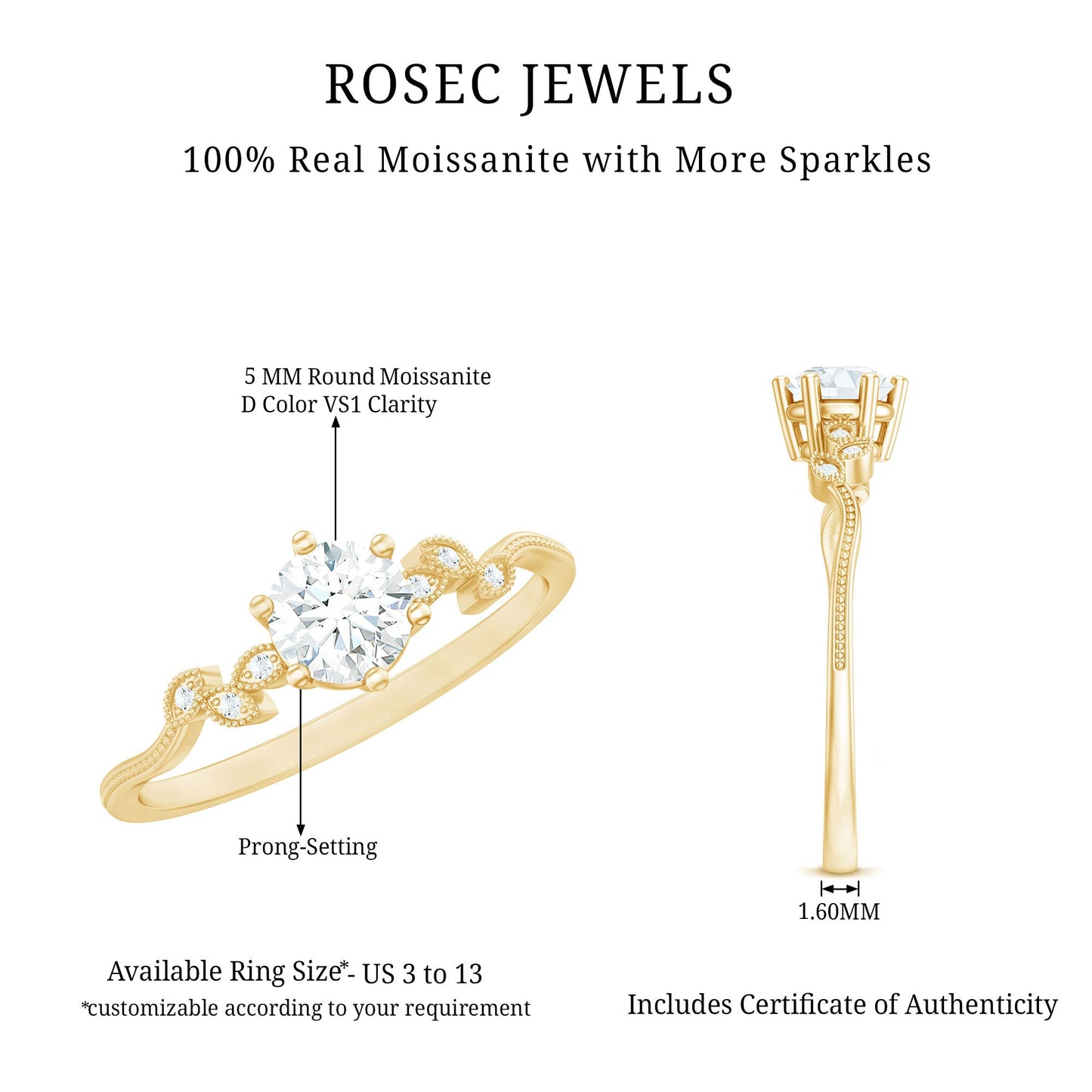 Certified Moissanite Flower Promise Ring with Beaded Detail
