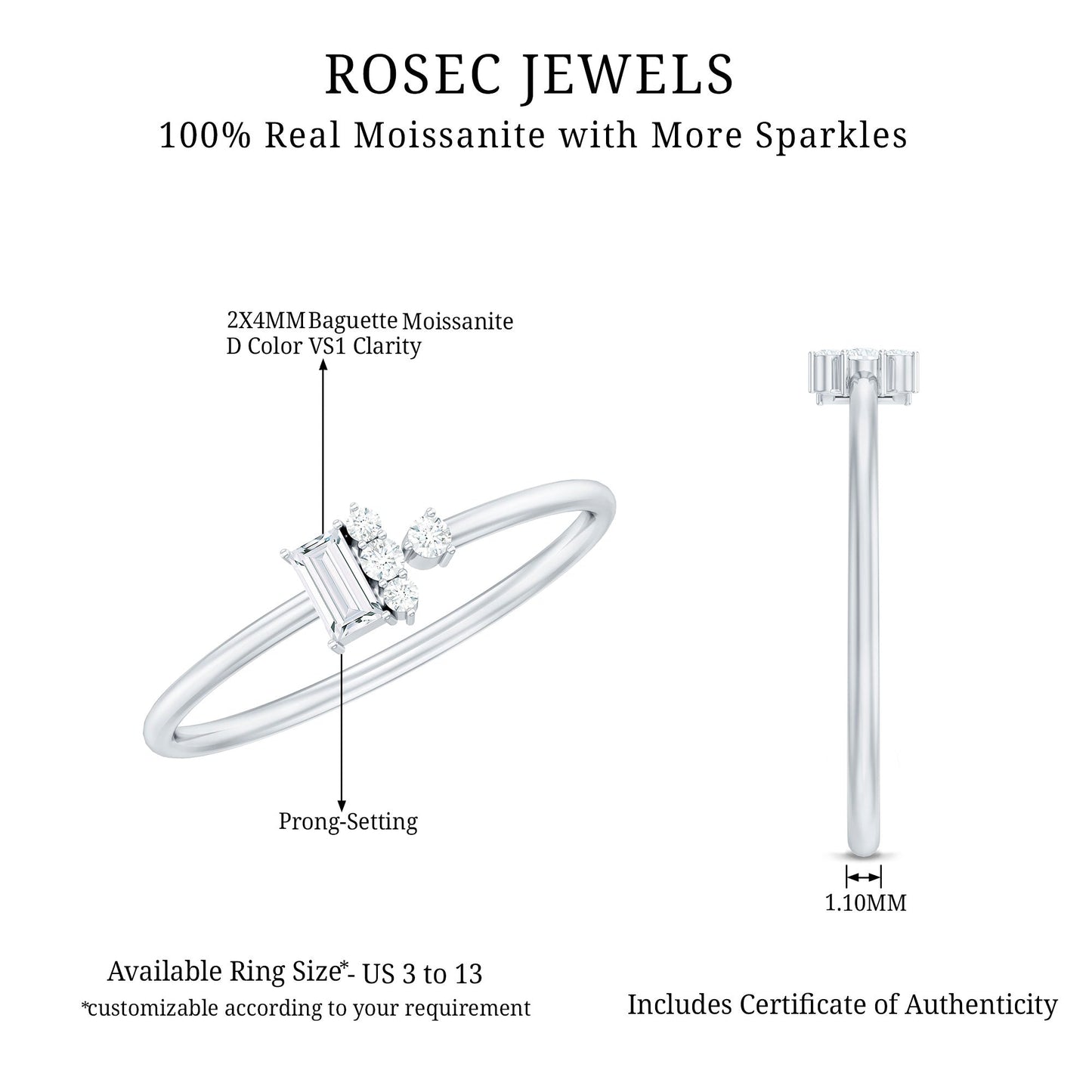 Dainty Promise Ring with Baguette and Round Moissanite