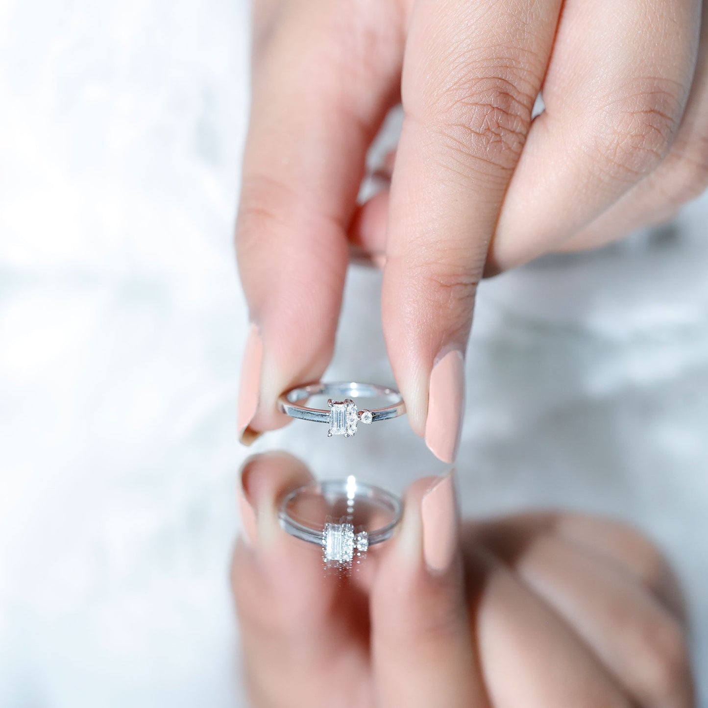 Dainty Promise Ring with Baguette and Round Moissanite