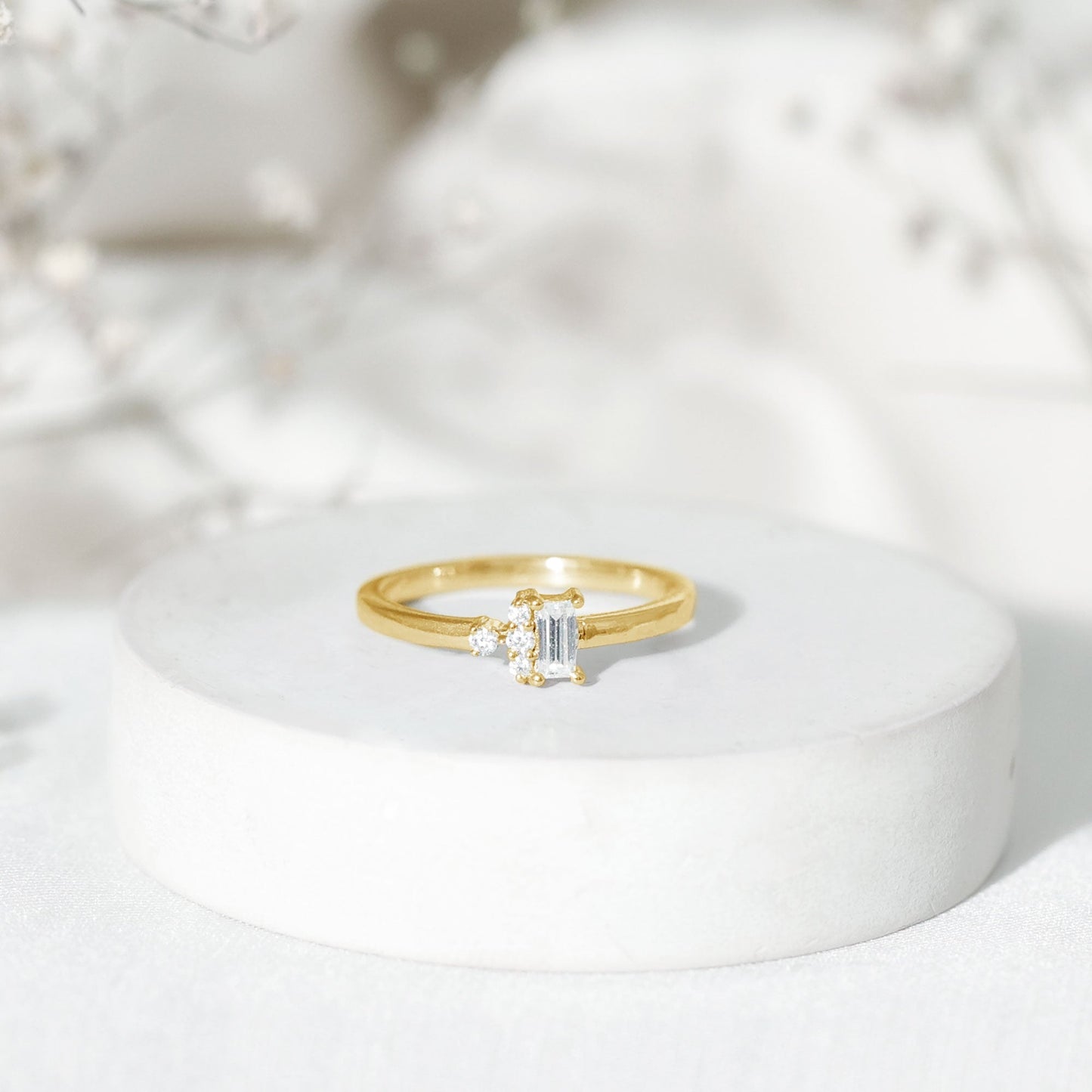 Dainty Promise Ring with Baguette and Round Moissanite