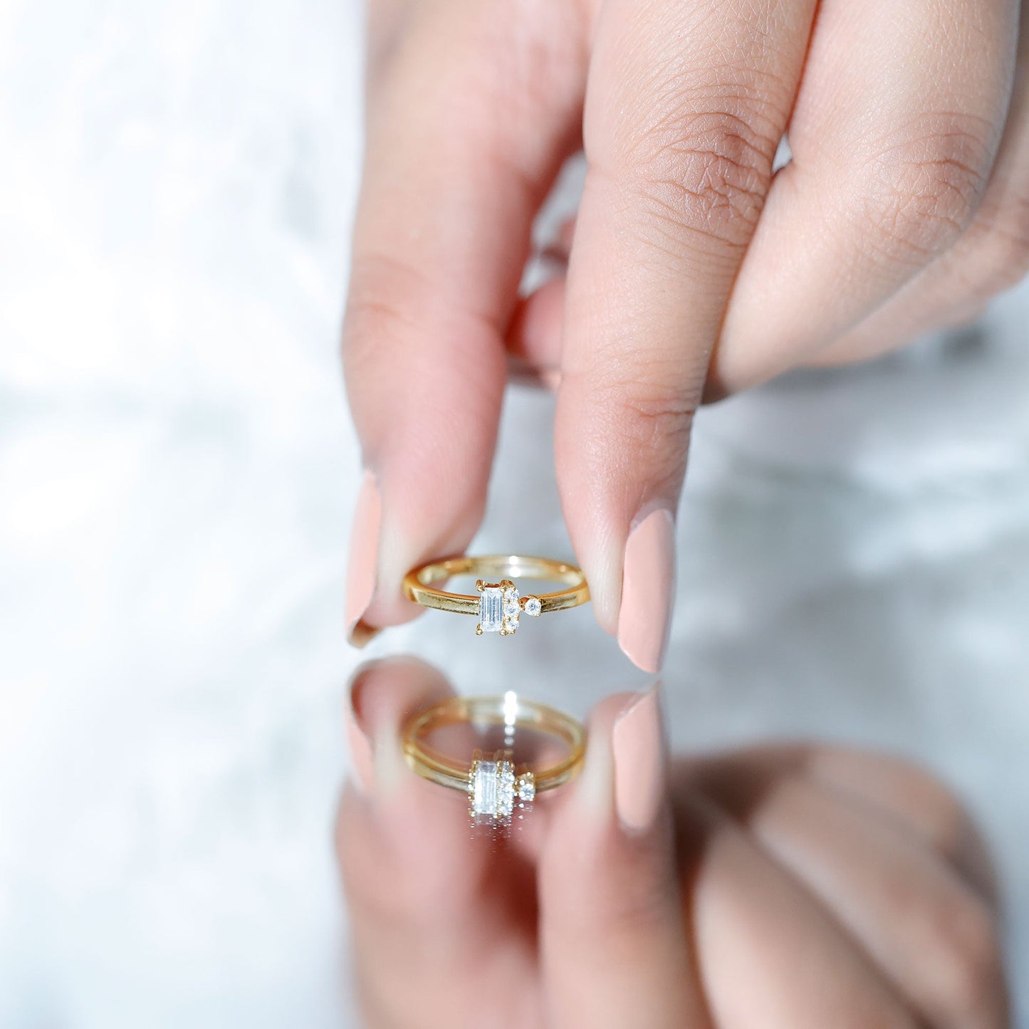 Dainty Promise Ring with Baguette and Round Moissanite