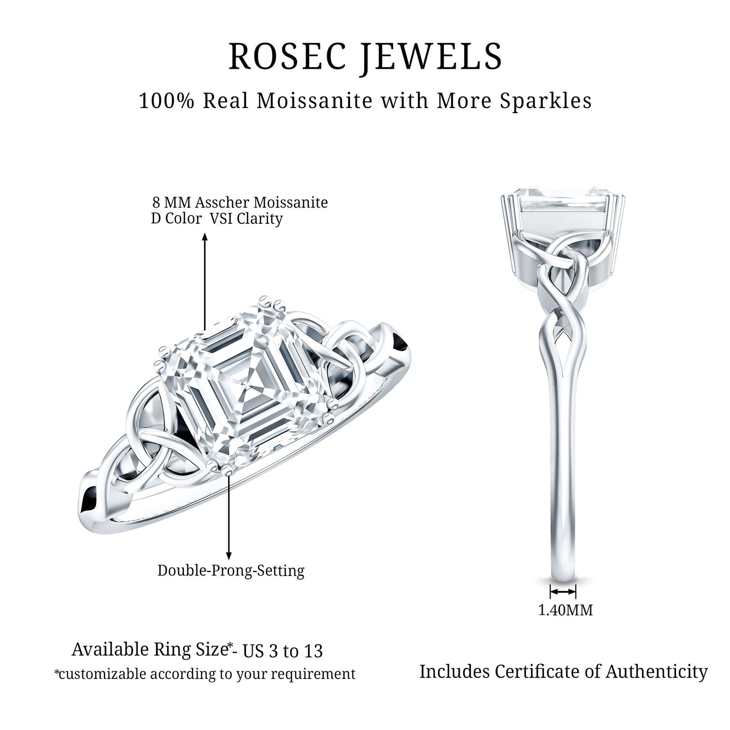 Asscher Cut 3 Carat Moissanite Celtic Knot Engagement Ring