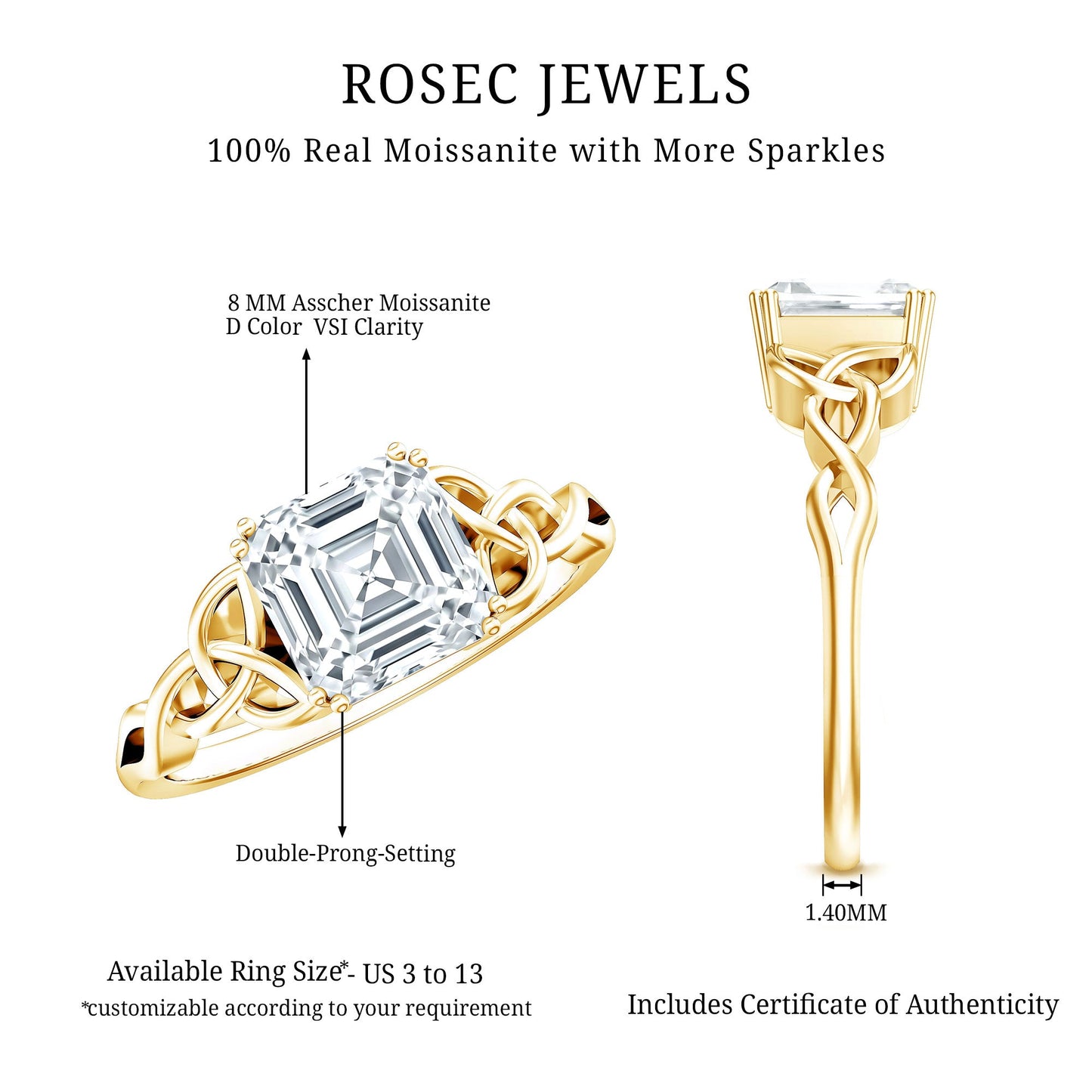 Asscher Cut 3 Carat Moissanite Celtic Knot Engagement Ring