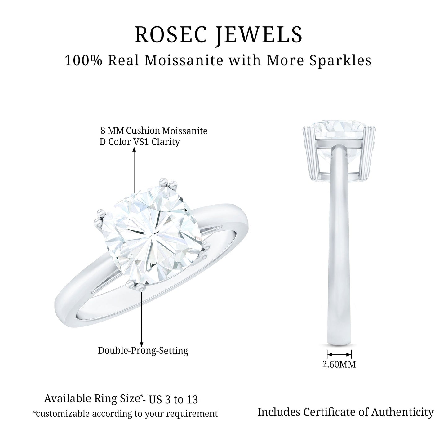 3 CT Cushion Cut Certified Moissanite Solitaire Engagement Ring