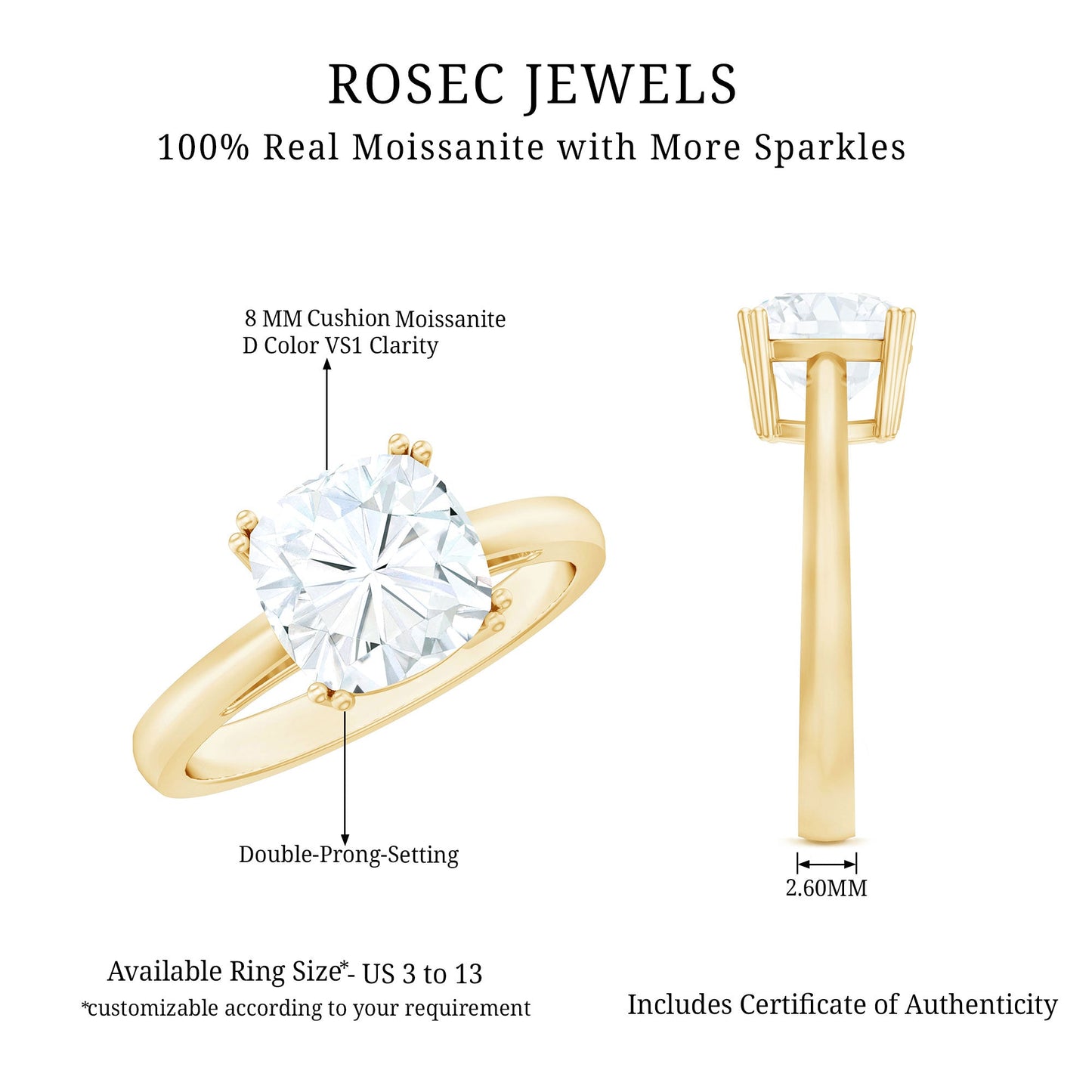 3 CT Cushion Cut Certified Moissanite Solitaire Engagement Ring