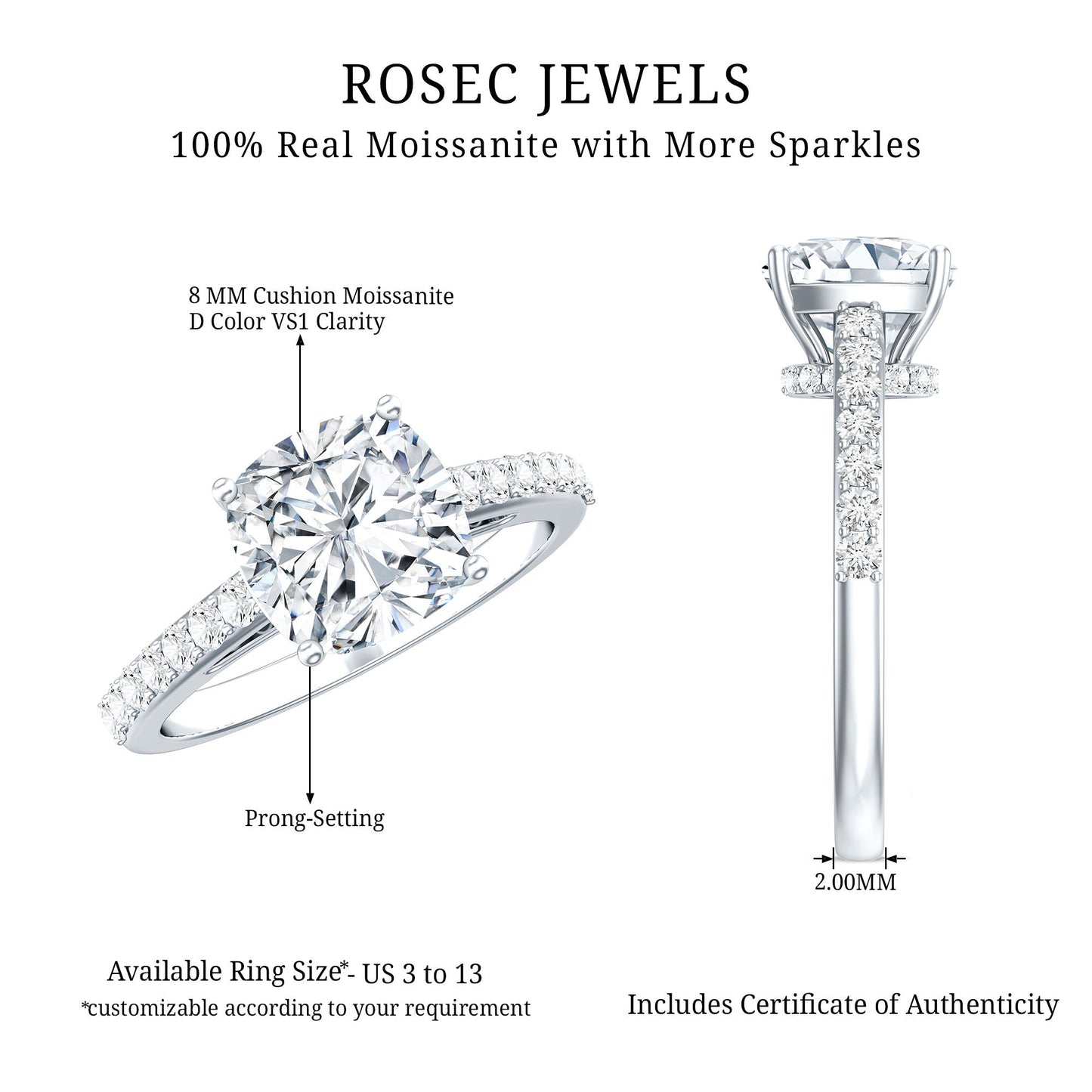 3 CT Cushion Cut Moissanite Solitaire Engagement Ring