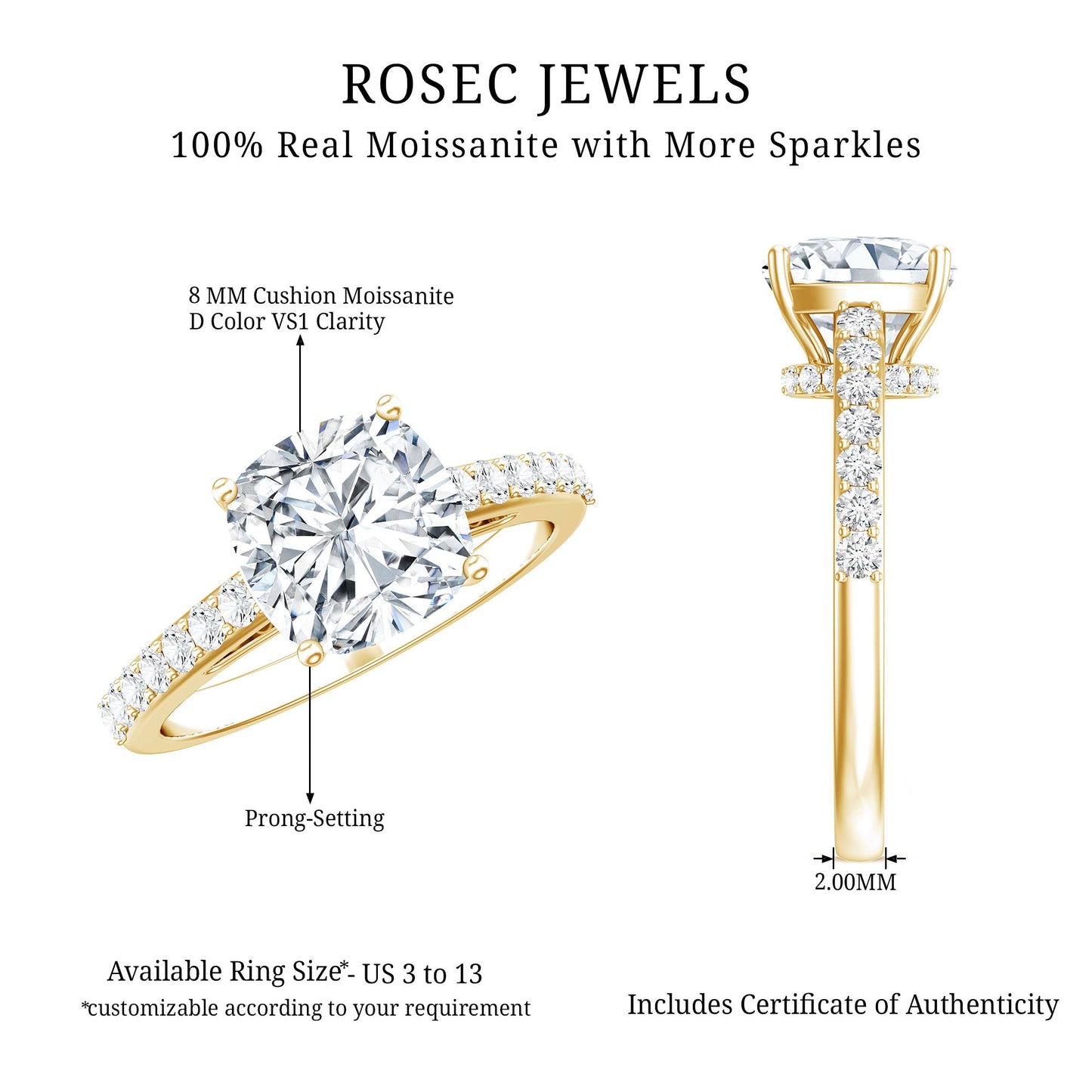 3 CT Cushion Cut Moissanite Solitaire Engagement Ring