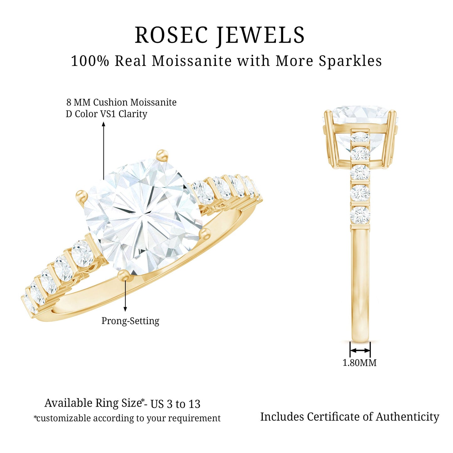 Solitaire Moissanite Cushion Cut Engagement Ring with Side Stones
