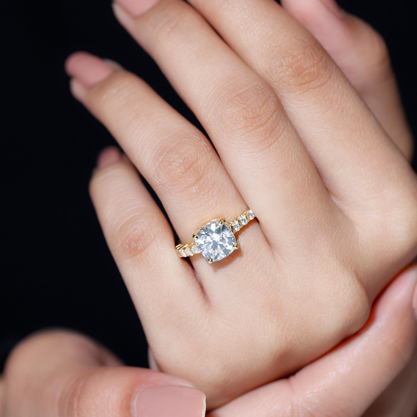 Solitaire Moissanite Cushion Cut Engagement Ring with Side Stones