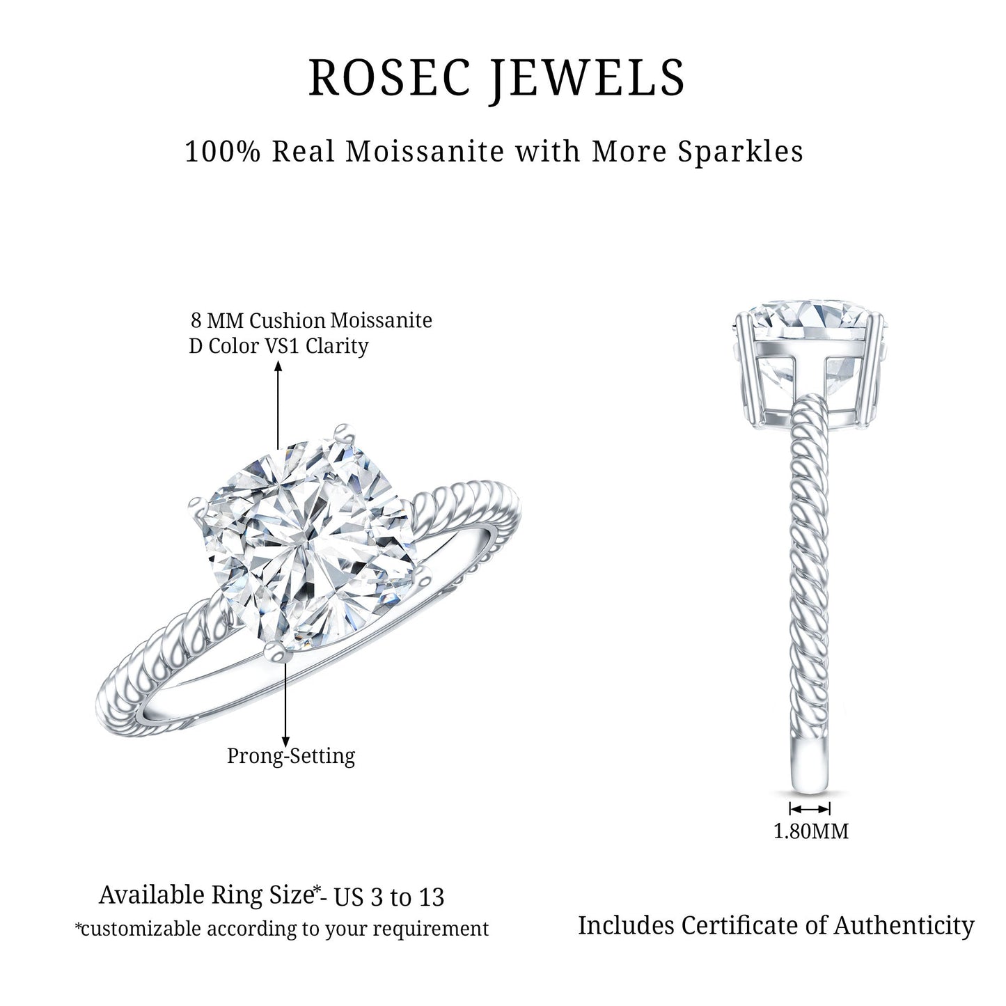 3 CT Certified Moissanite Cushion Cut Engagement Ring