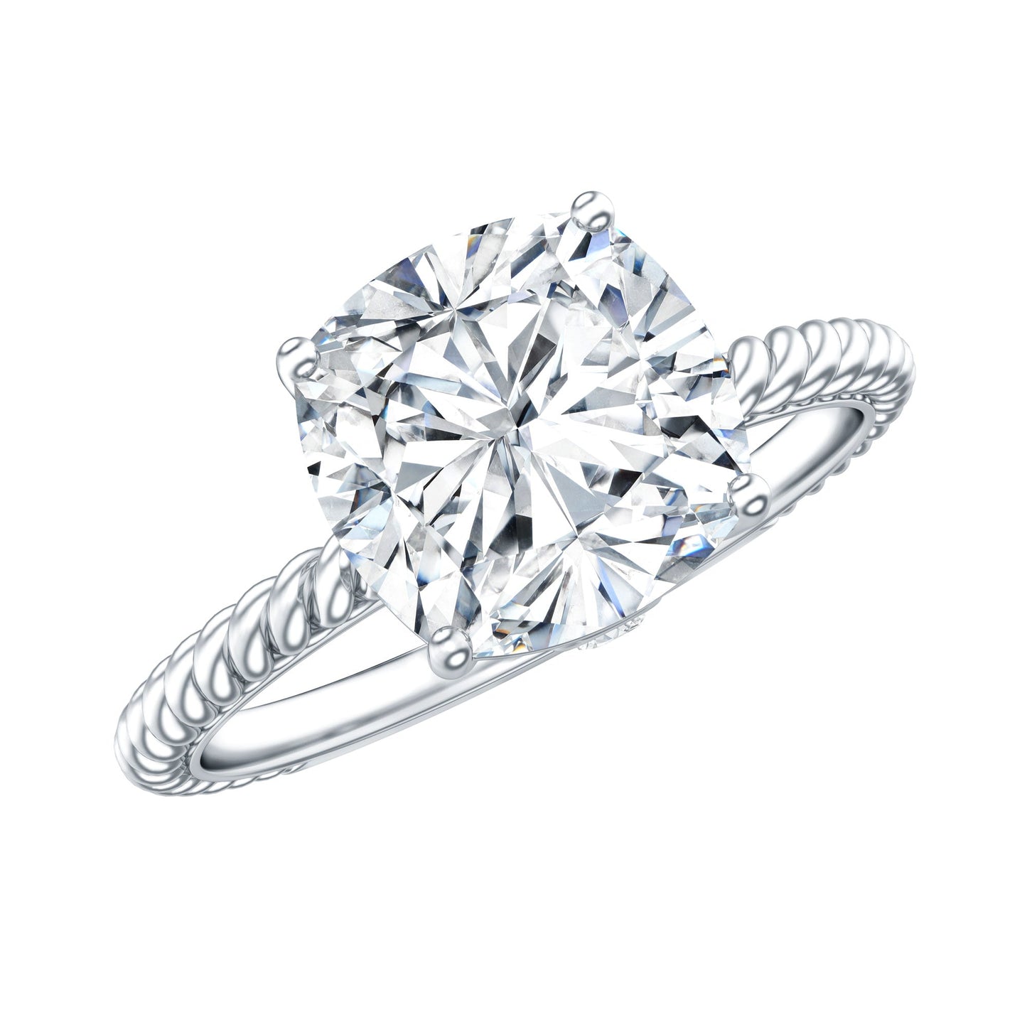 Cushion Cut Moissanite Solitaire Engagement Ring with Twisted Rope