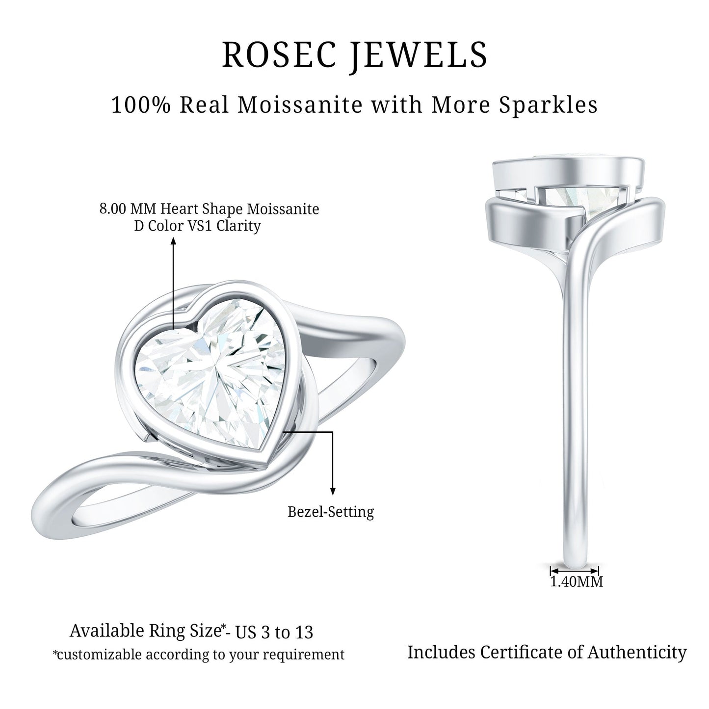 Heart Shape Moissanite Bypass Engagement Ring for Women