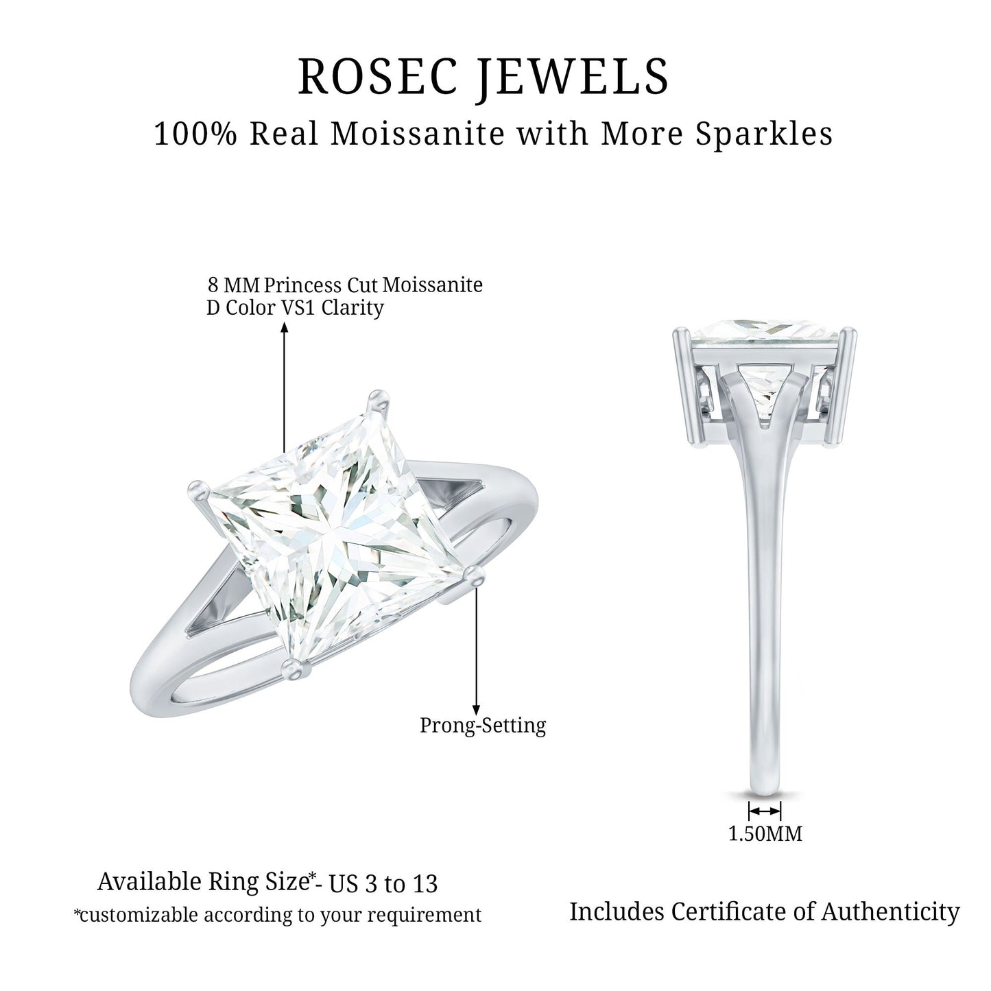 Certified 3 Carat Moissanite Princess Cut Engagement Ring with Split Shank