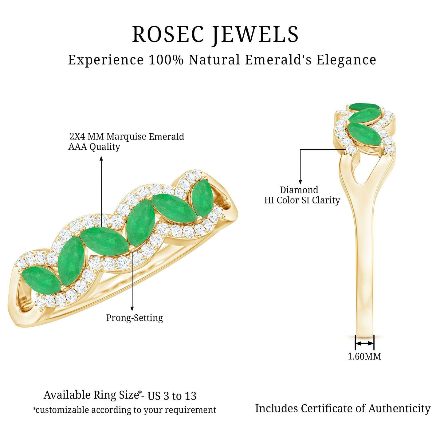 Natural Marquise Emerald Half Eternity Anniversary Ring with Diamond