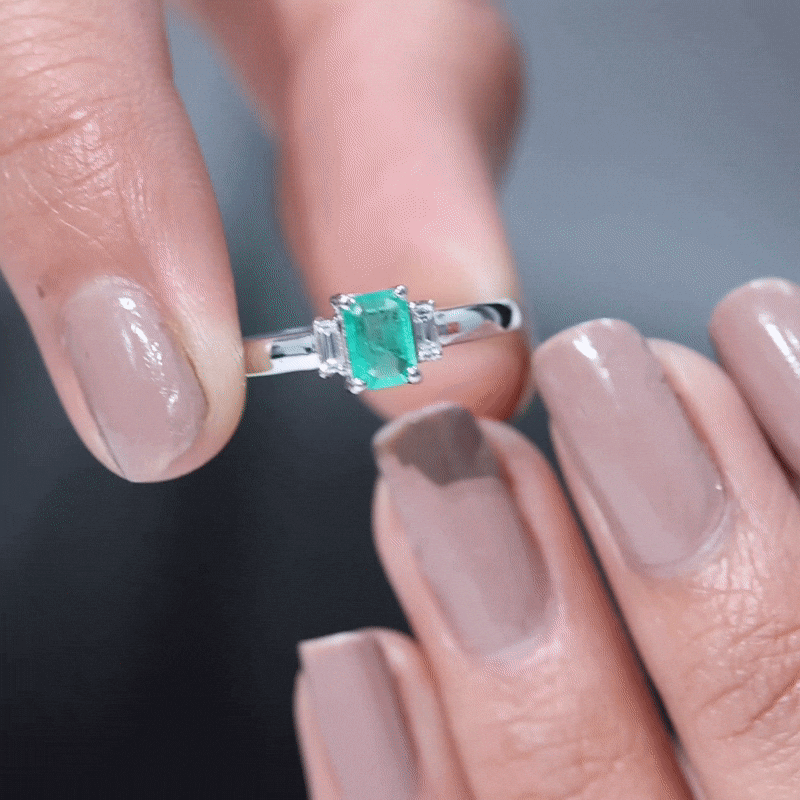 Emerald Cut Emerald and Diamond 3 Stone Promise Ring for Her