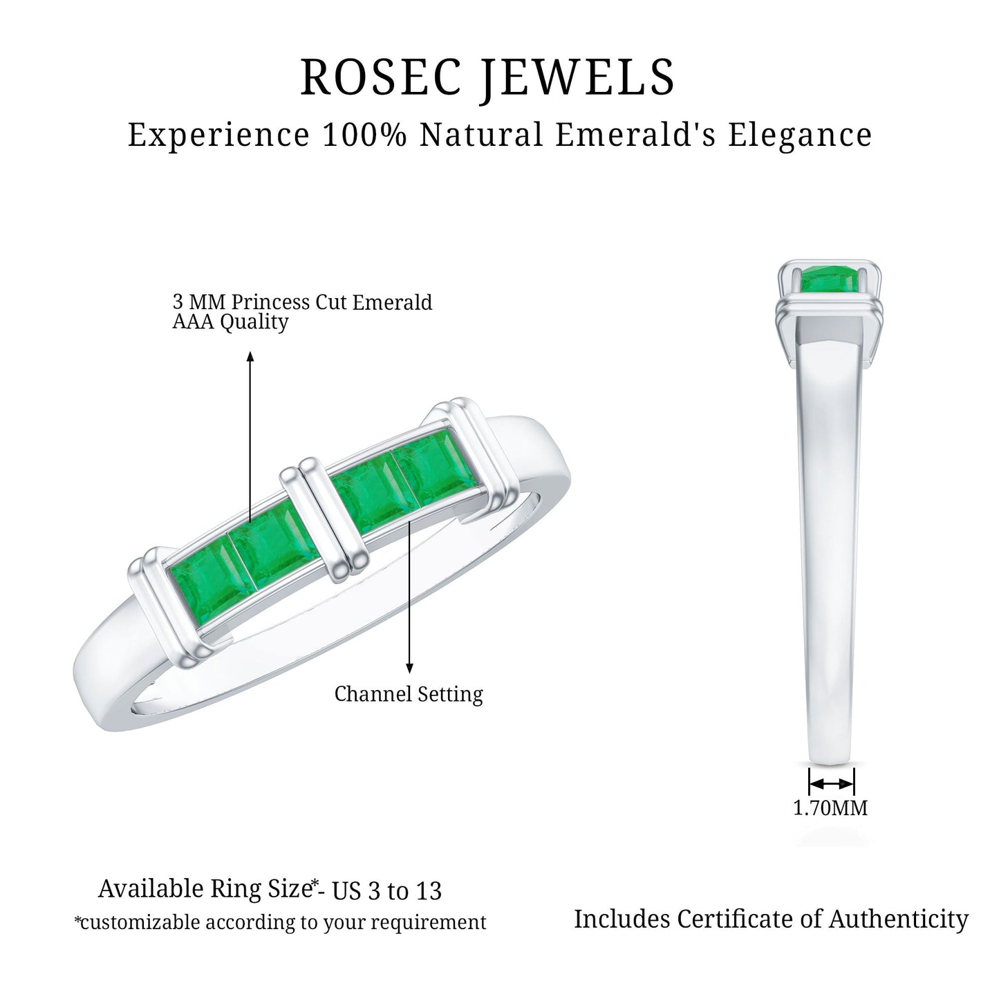 Princess Cut Real Emerald Band Ring in Channel Setting