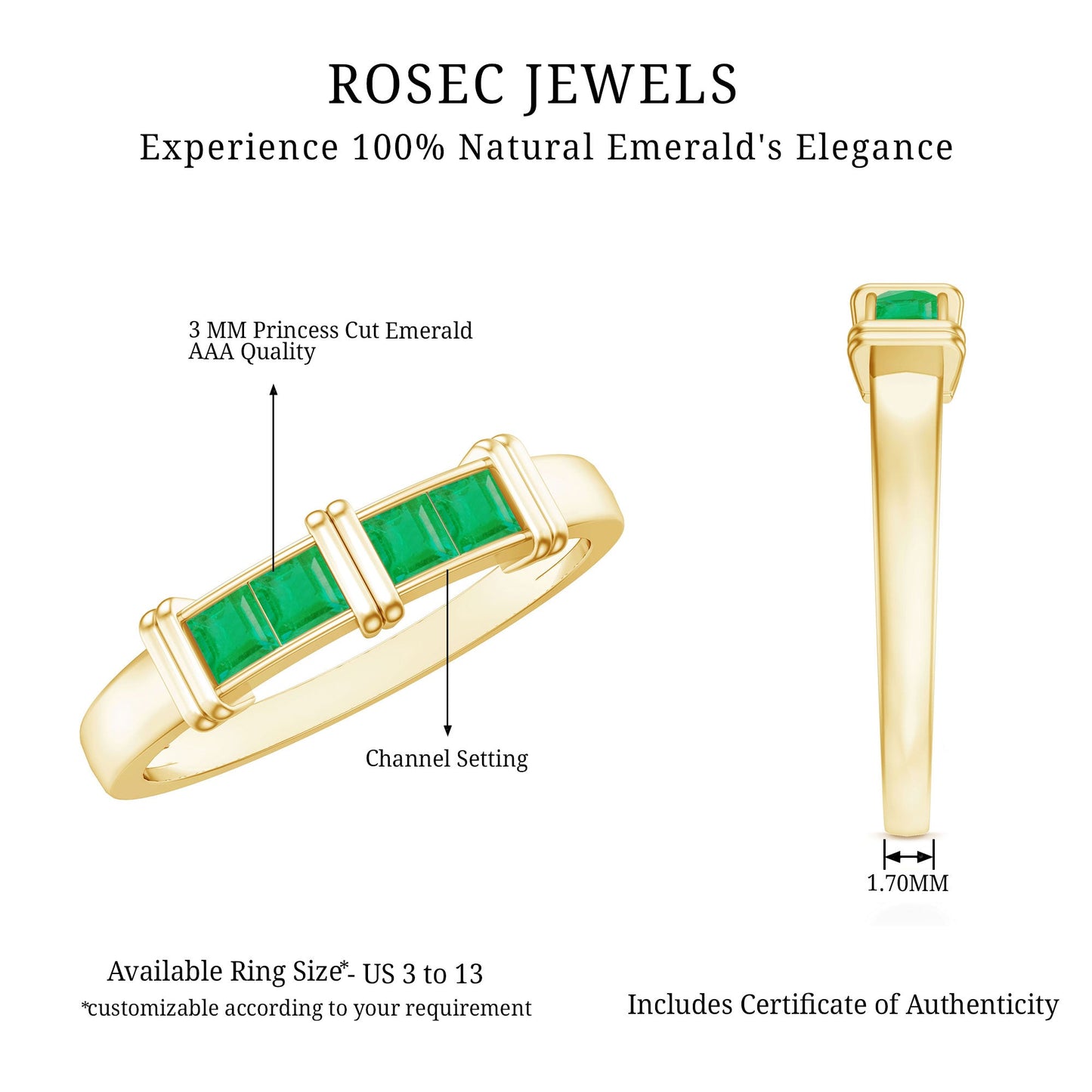 Princess Cut Real Emerald Band Ring in Channel Setting