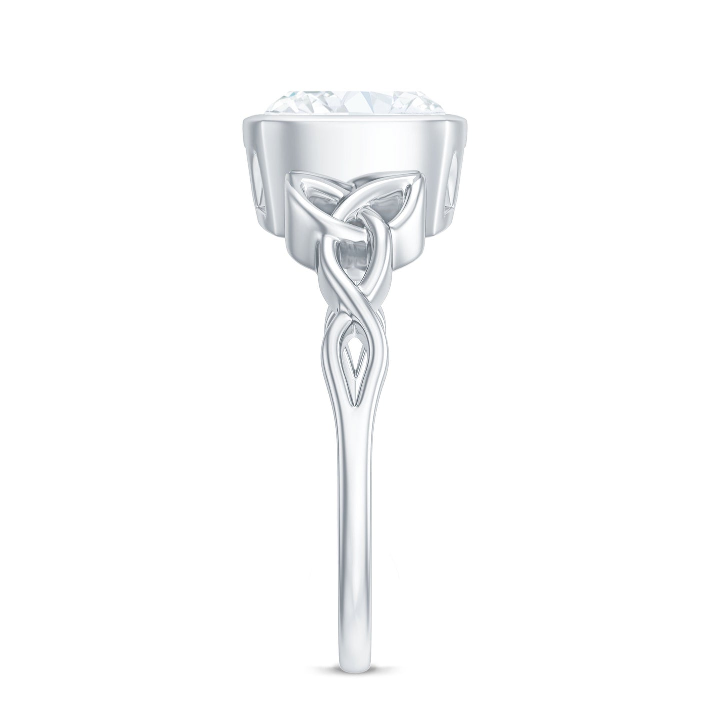 Cushion Cut Moissanite Solitaire Celtic Knot Ring in Bezel Setting