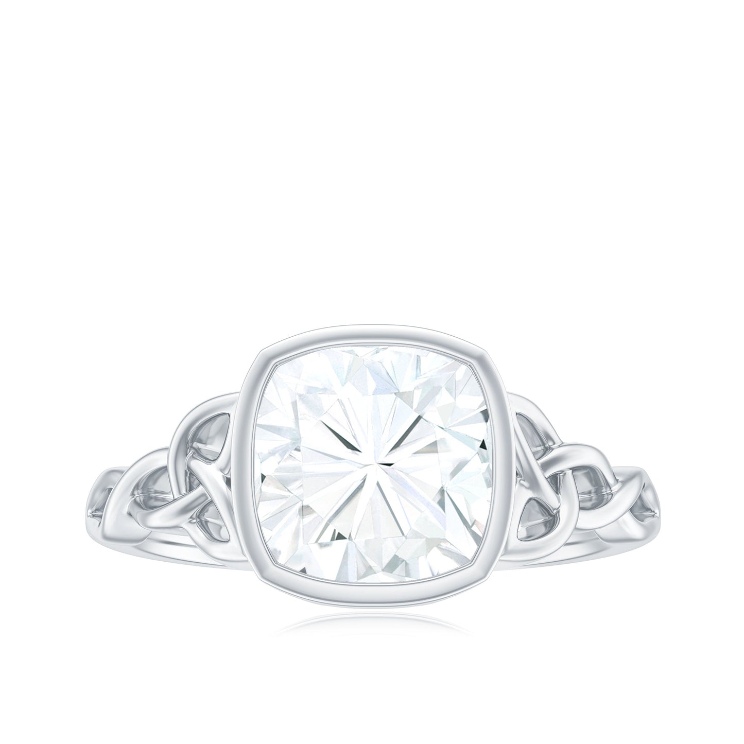 Cushion Cut Moissanite Solitaire Celtic Knot Ring in Bezel Setting