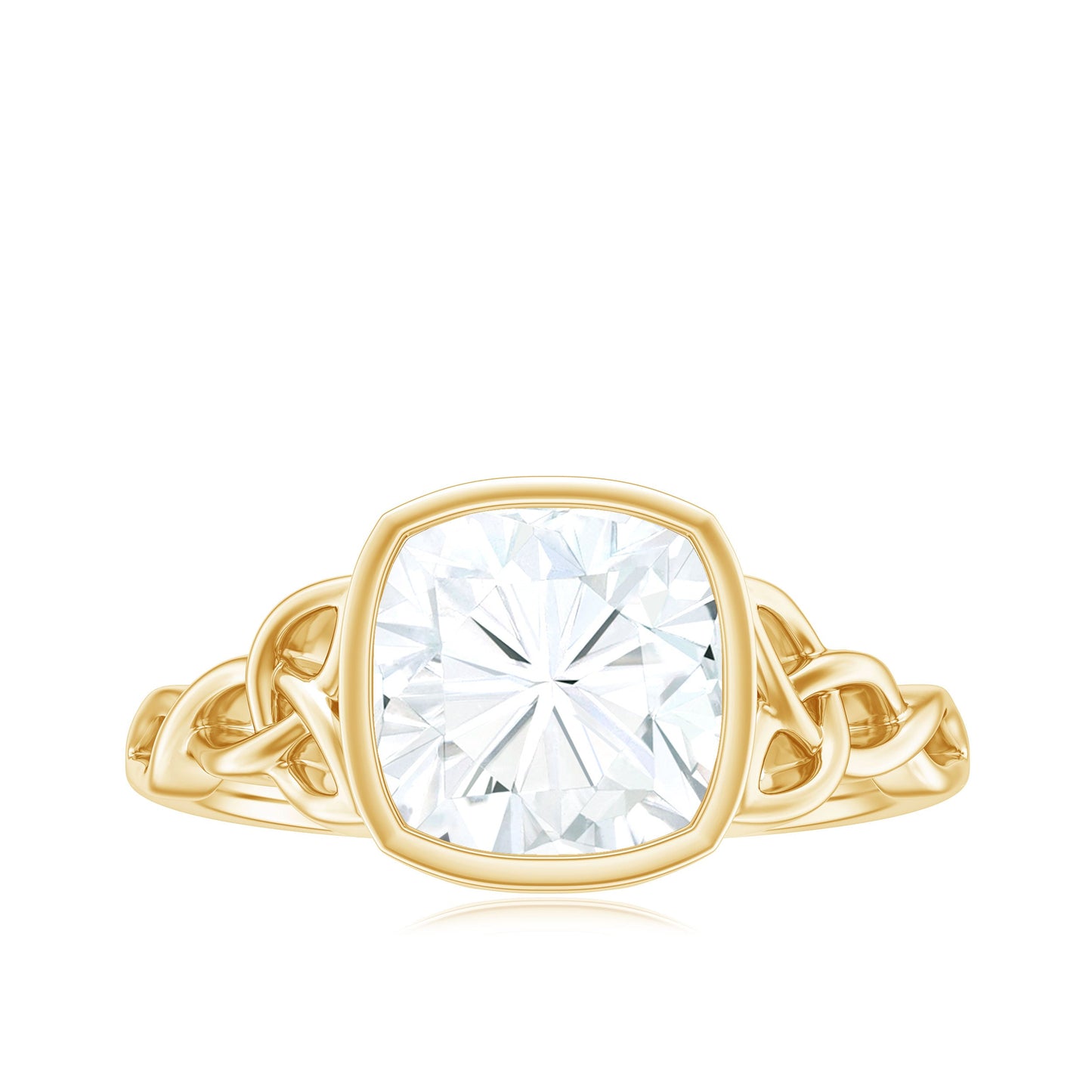 Cushion Cut Moissanite Solitaire Celtic Knot Ring in Bezel Setting