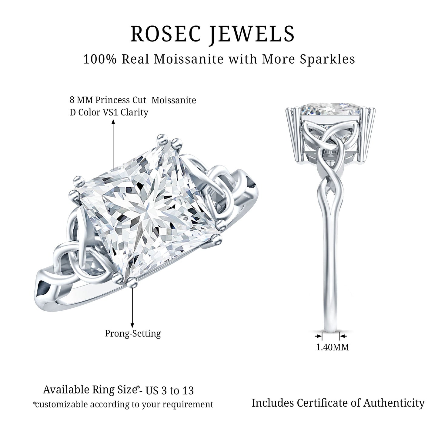 Moissanite Princess Cut Engagement Ring With Celtic Knot Design