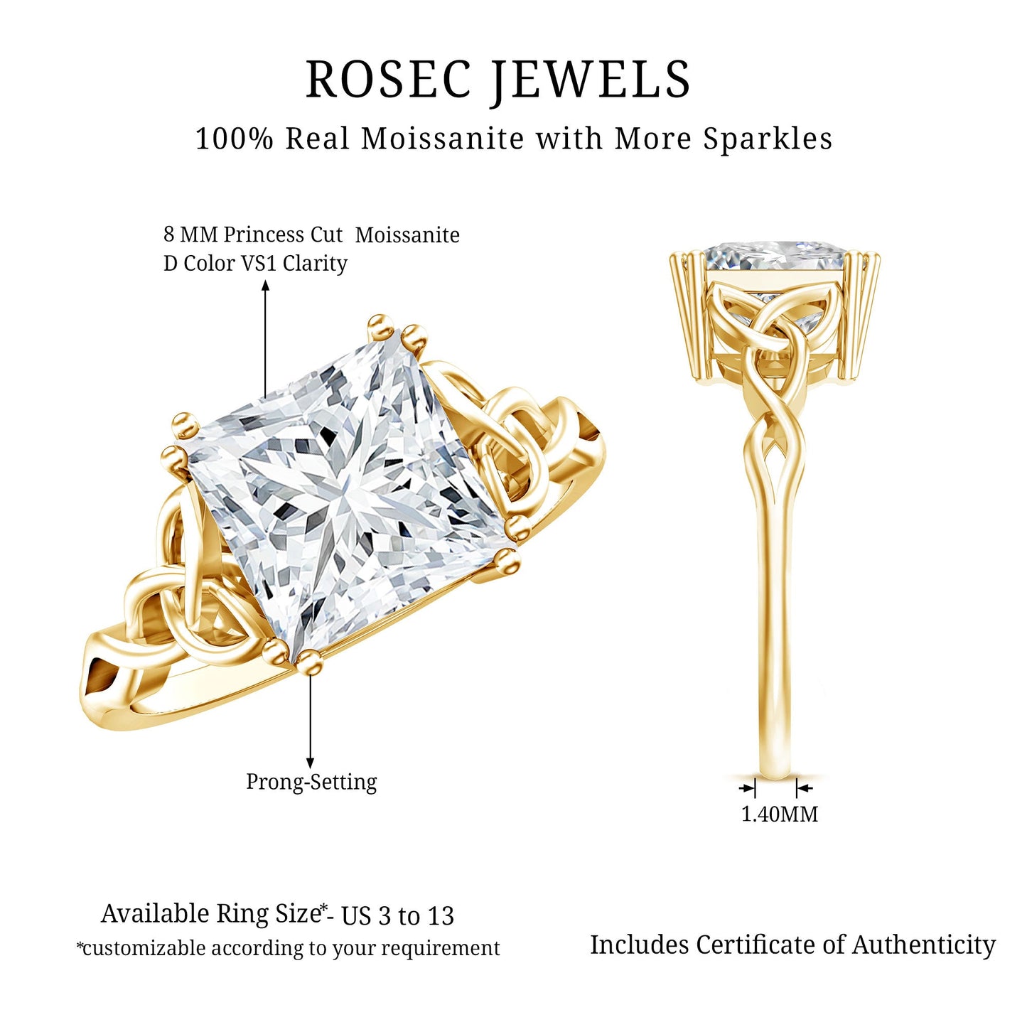 Moissanite Princess Cut Engagement Ring With Celtic Knot Design