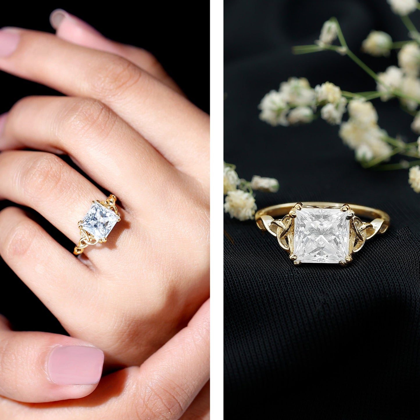Moissanite Princess Cut Engagement Ring With Celtic Knot Design