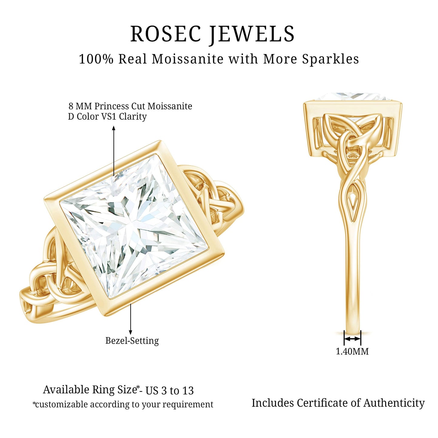 Princess Cut Moissanite Celtic Engagement Ring in Bezel Setting