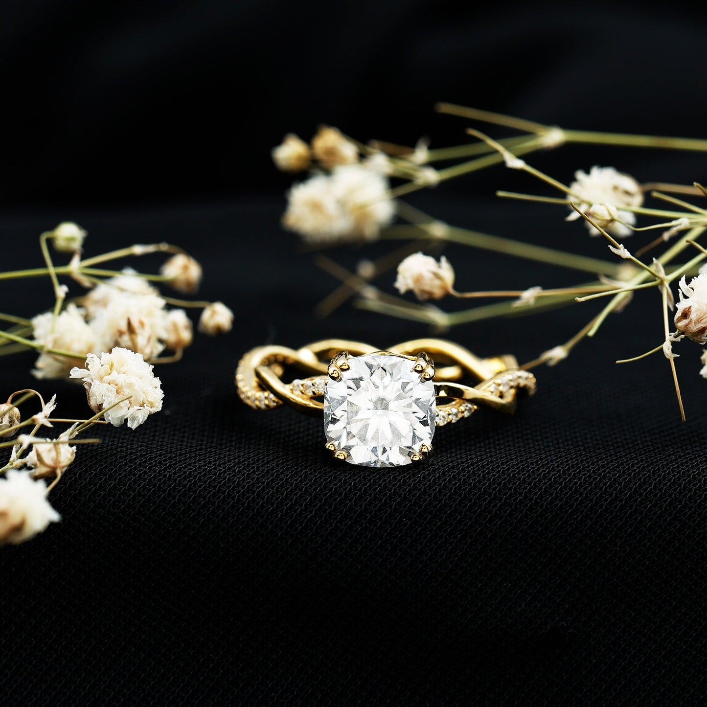 Cushion Cut Solitaire Moissanite Braided Engagement Ring