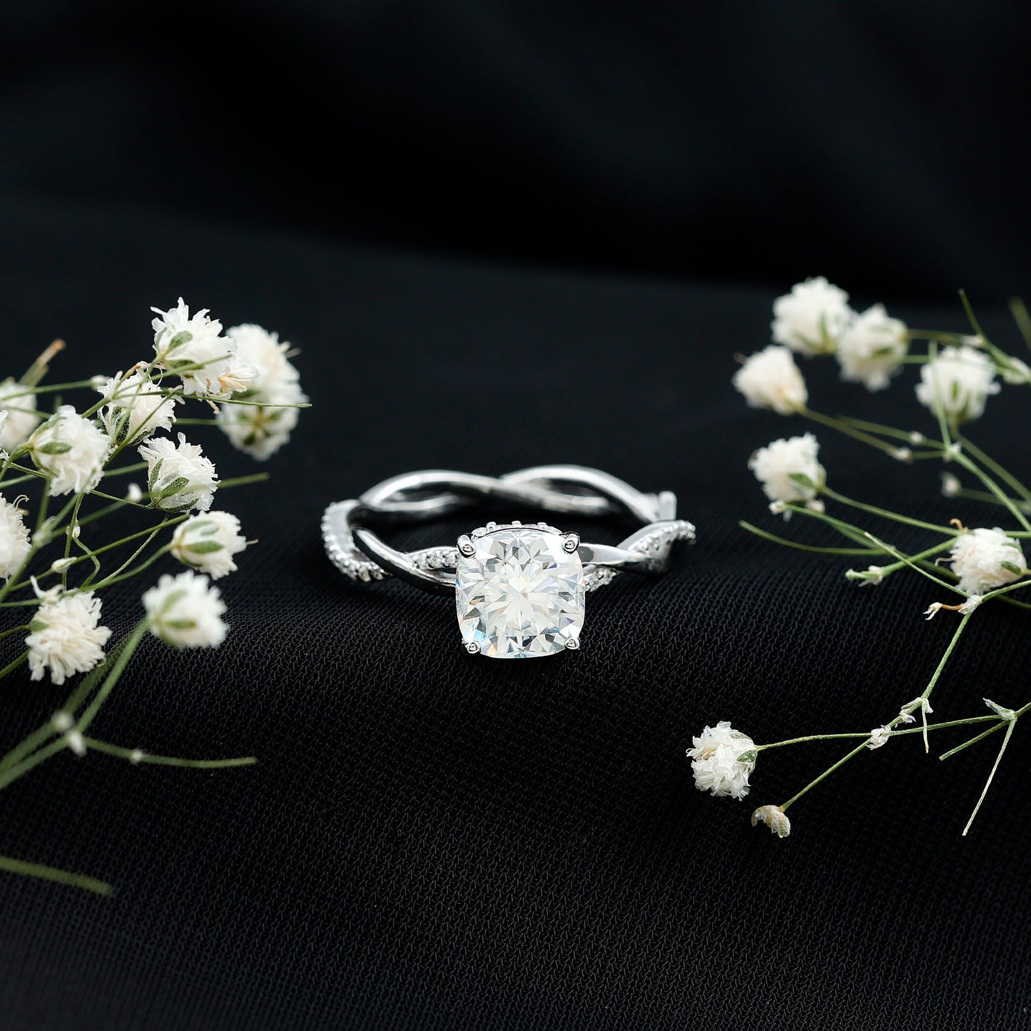 3 Carat Moissanite Cushion Cut Hidden Halo Engagement Rings