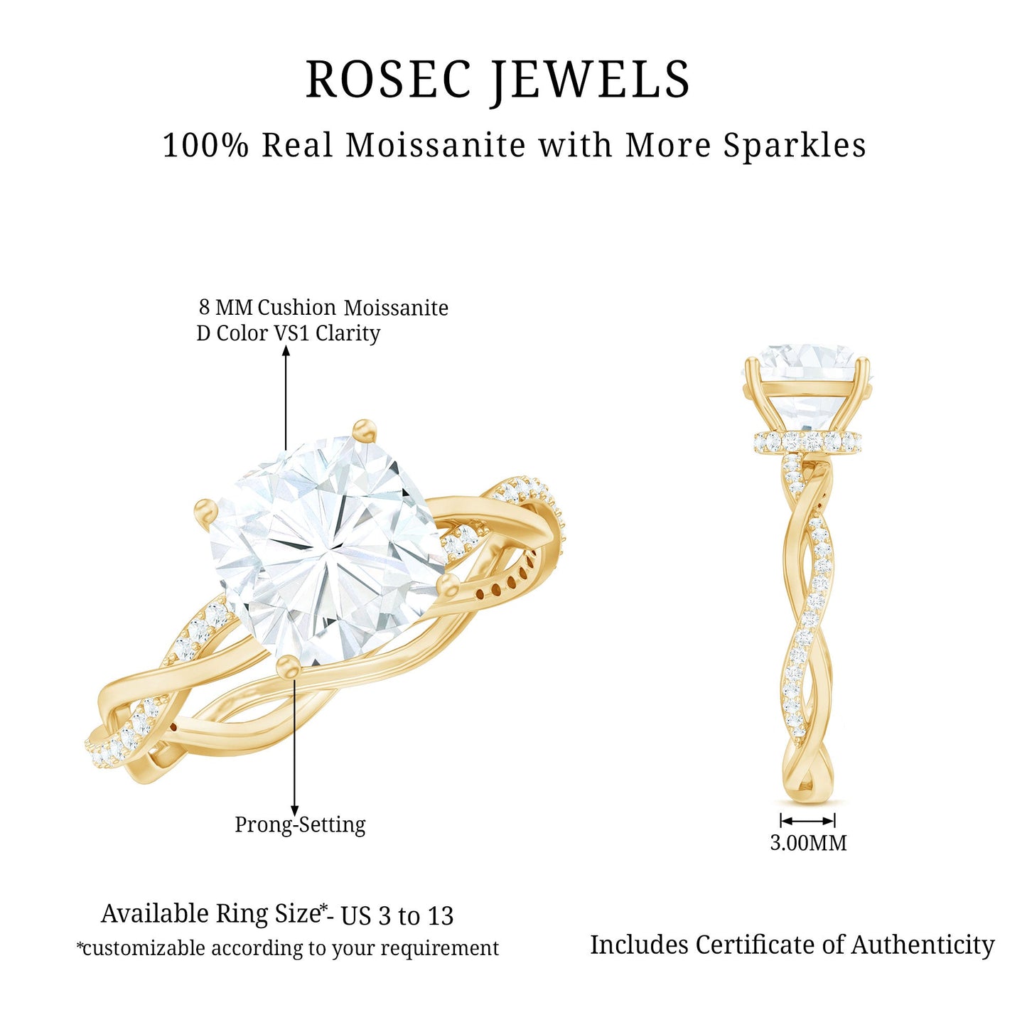 3 Carat Moissanite Cushion Cut Hidden Halo Engagement Rings