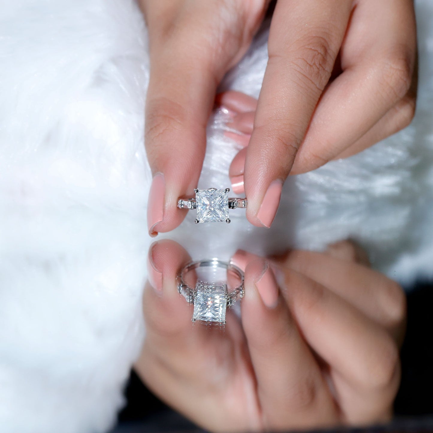 Princess Cut Moissanite Solitaire Engagement Ring with Spaced Accent