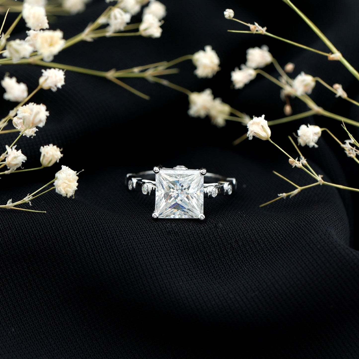 Princess Cut Moissanite Solitaire Engagement Ring with Spaced Accent