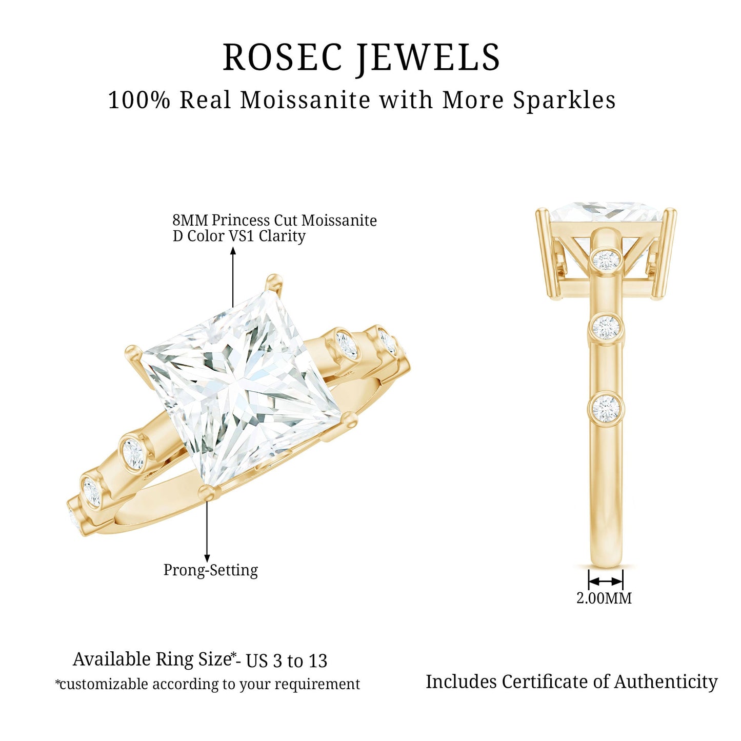 Princess Cut Moissanite Solitaire Engagement Ring with Spaced Accent