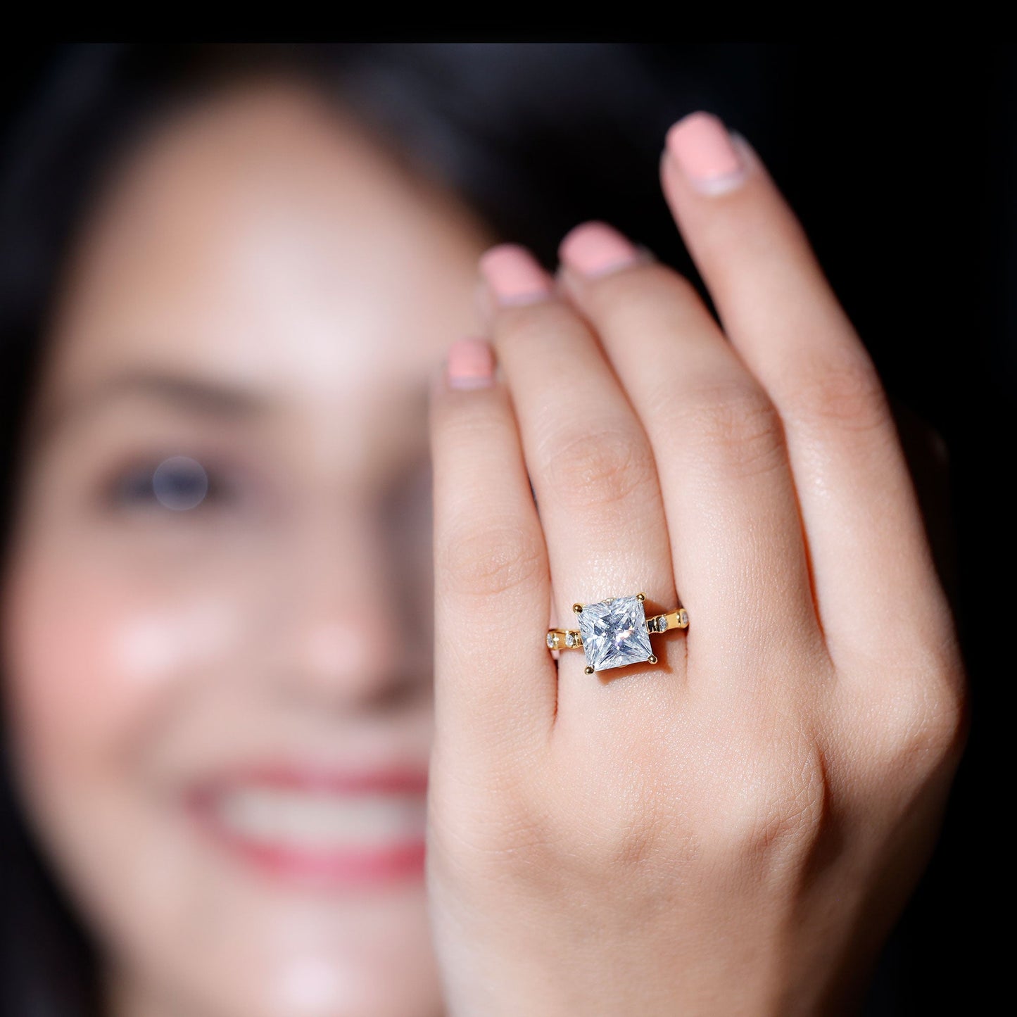 Princess Cut Moissanite Solitaire Engagement Ring with Spaced Accent