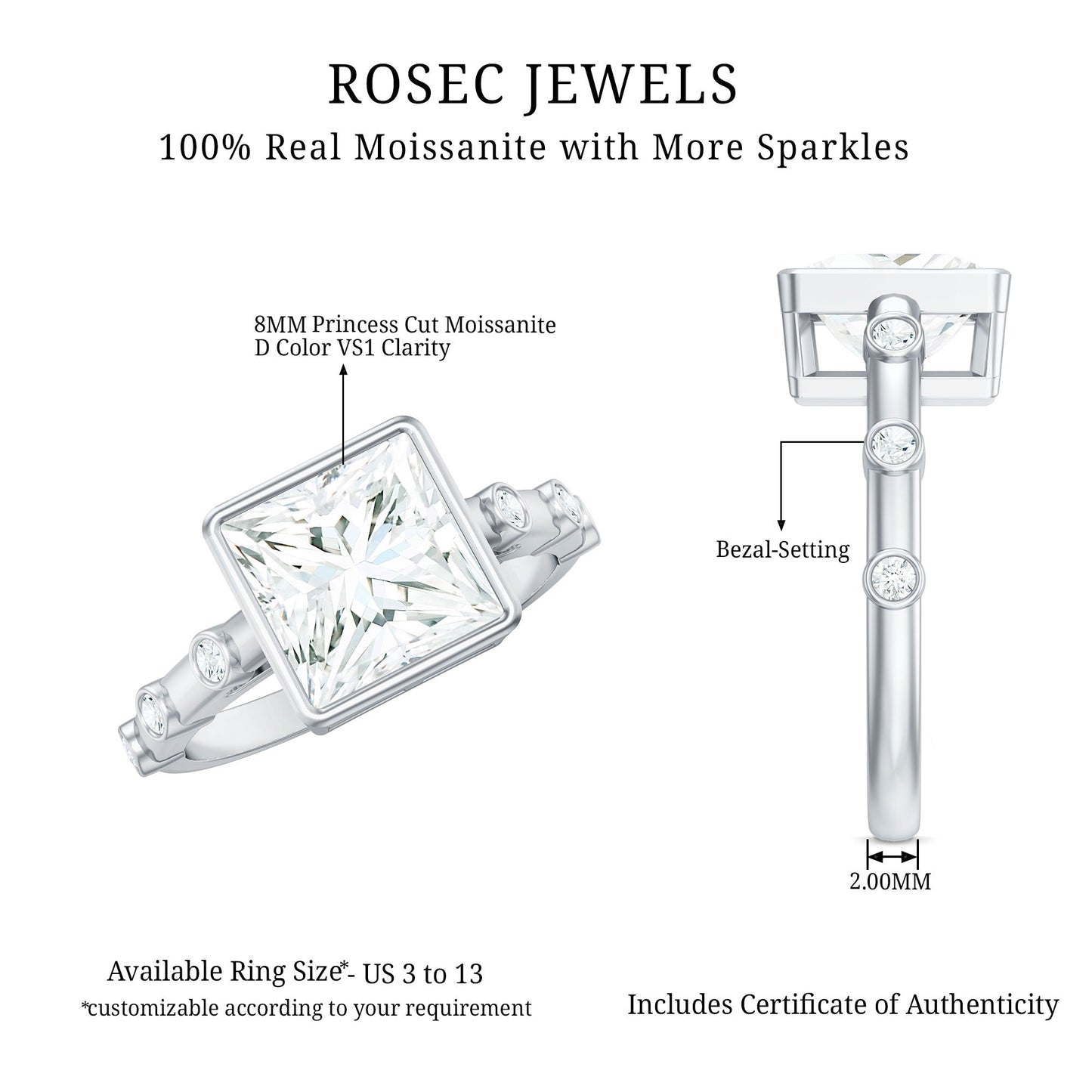 Bezel Set Moissanite Princess Cut Engagement Ring with Spaced Accent