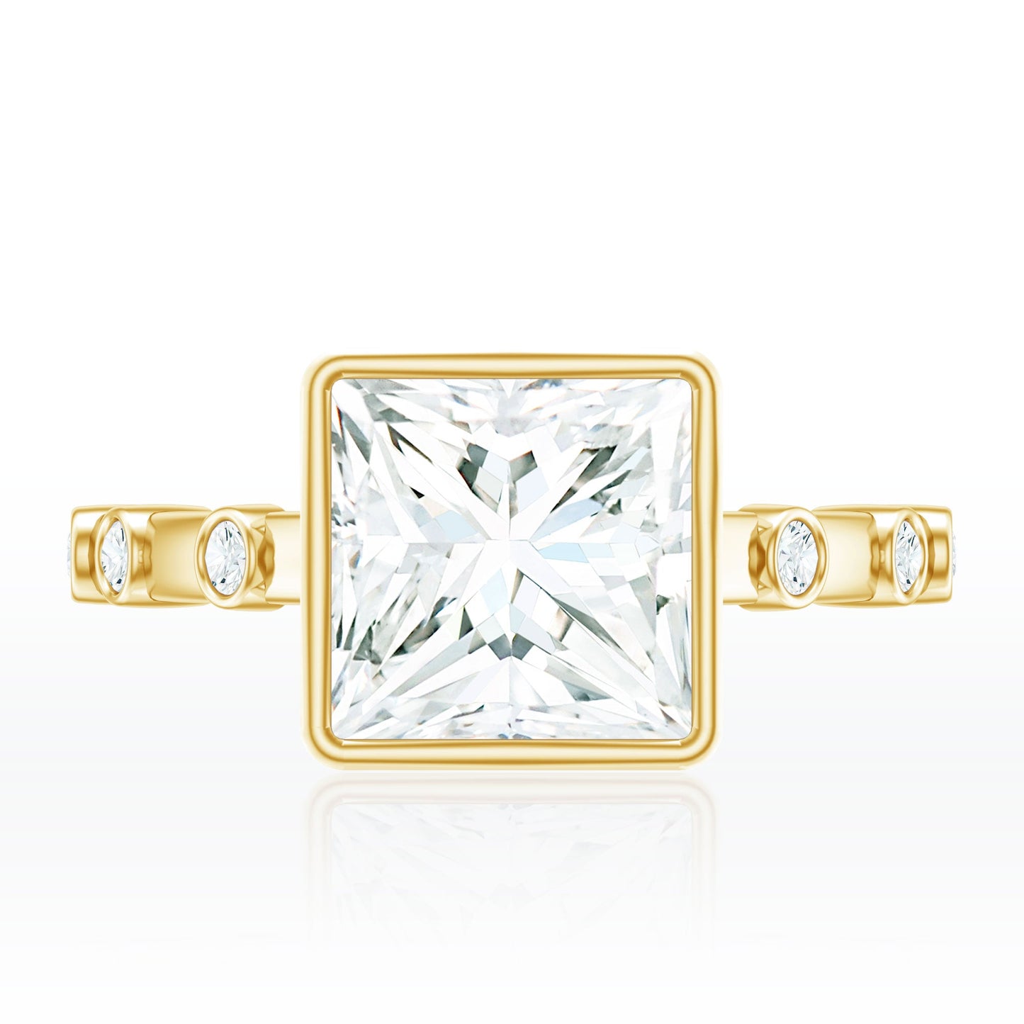 Bezel Set Moissanite Princess Cut Engagement Ring with Spaced Accent