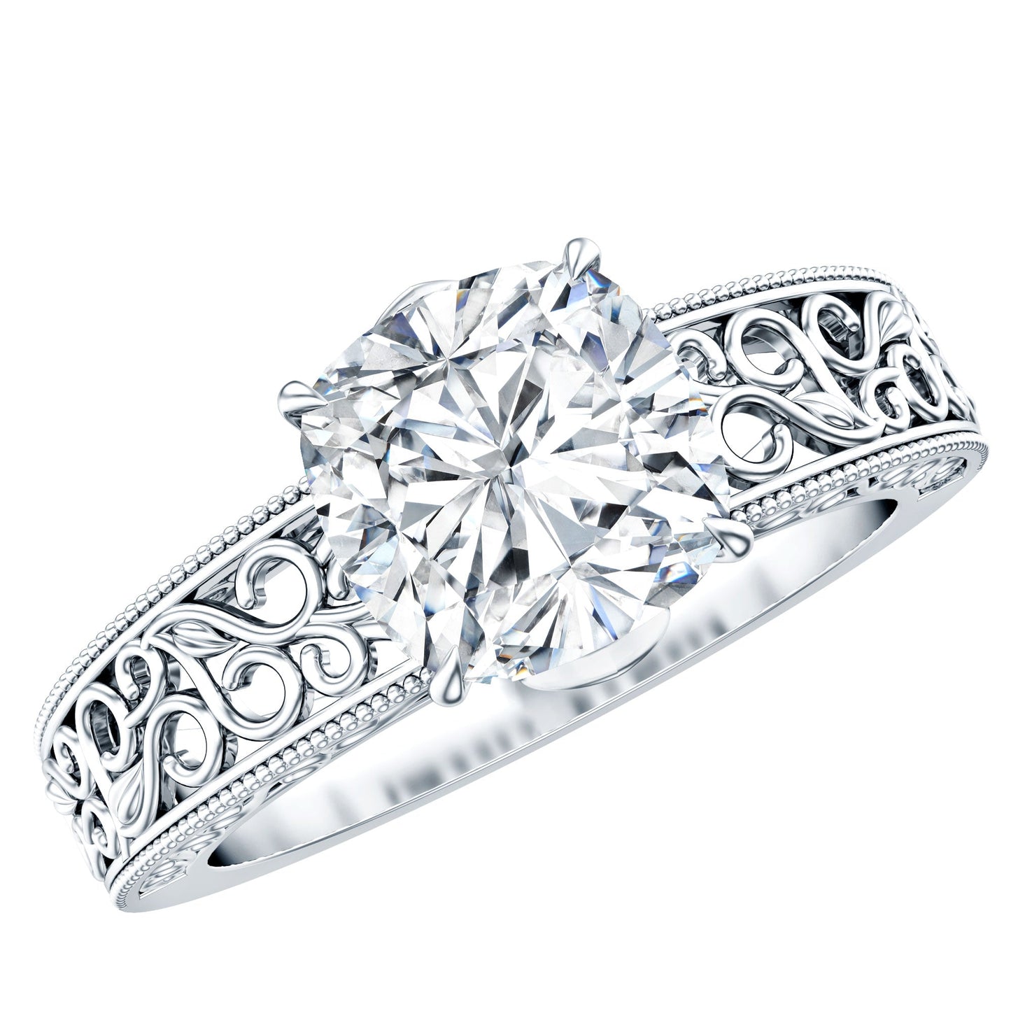 3 Carat Cushion Cut Moissanite Engagement Ring with Filigree Details