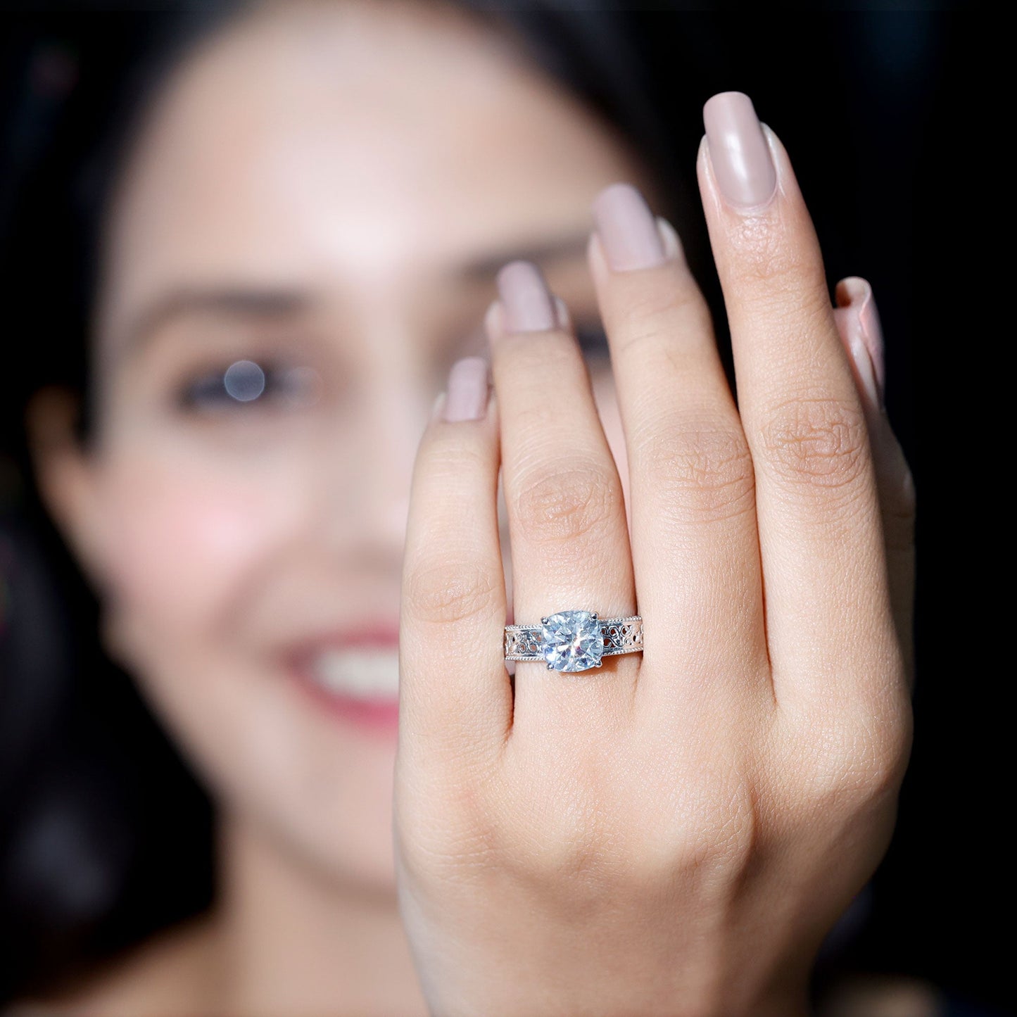 3 Carat Cushion Cut Moissanite Engagement Ring with Filigree Details