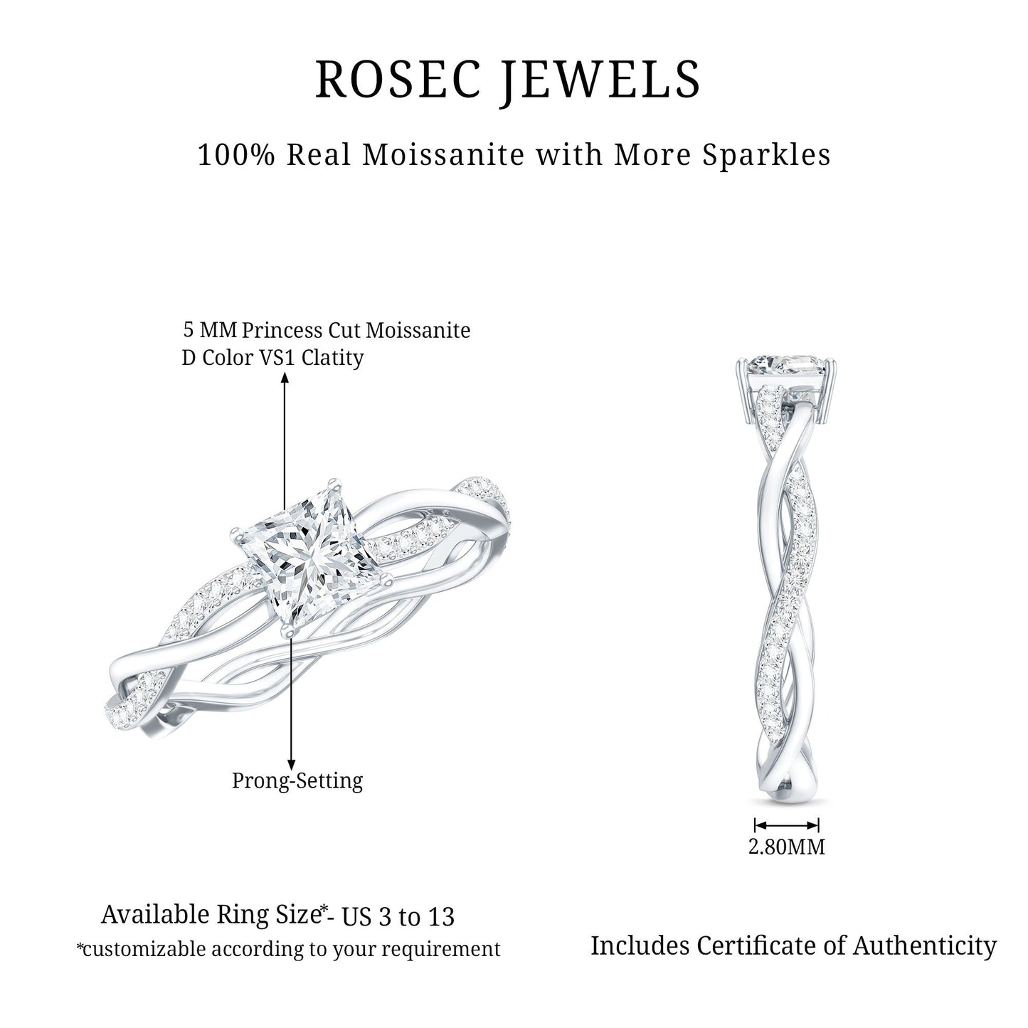 Princess Cut Moissanite Braided Engagement Ring for Women