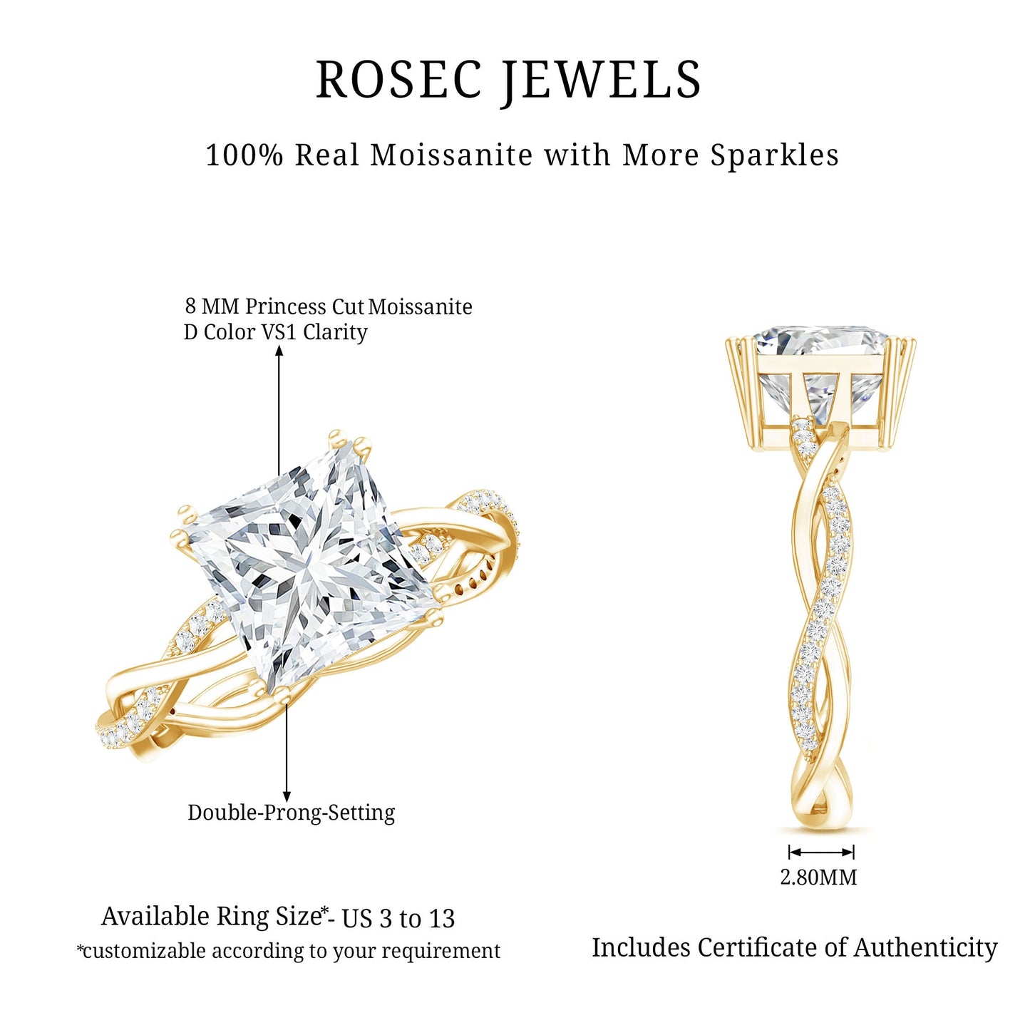 3 CT Princess Cut Moissanite Engagement Ring in Double Prong Setting