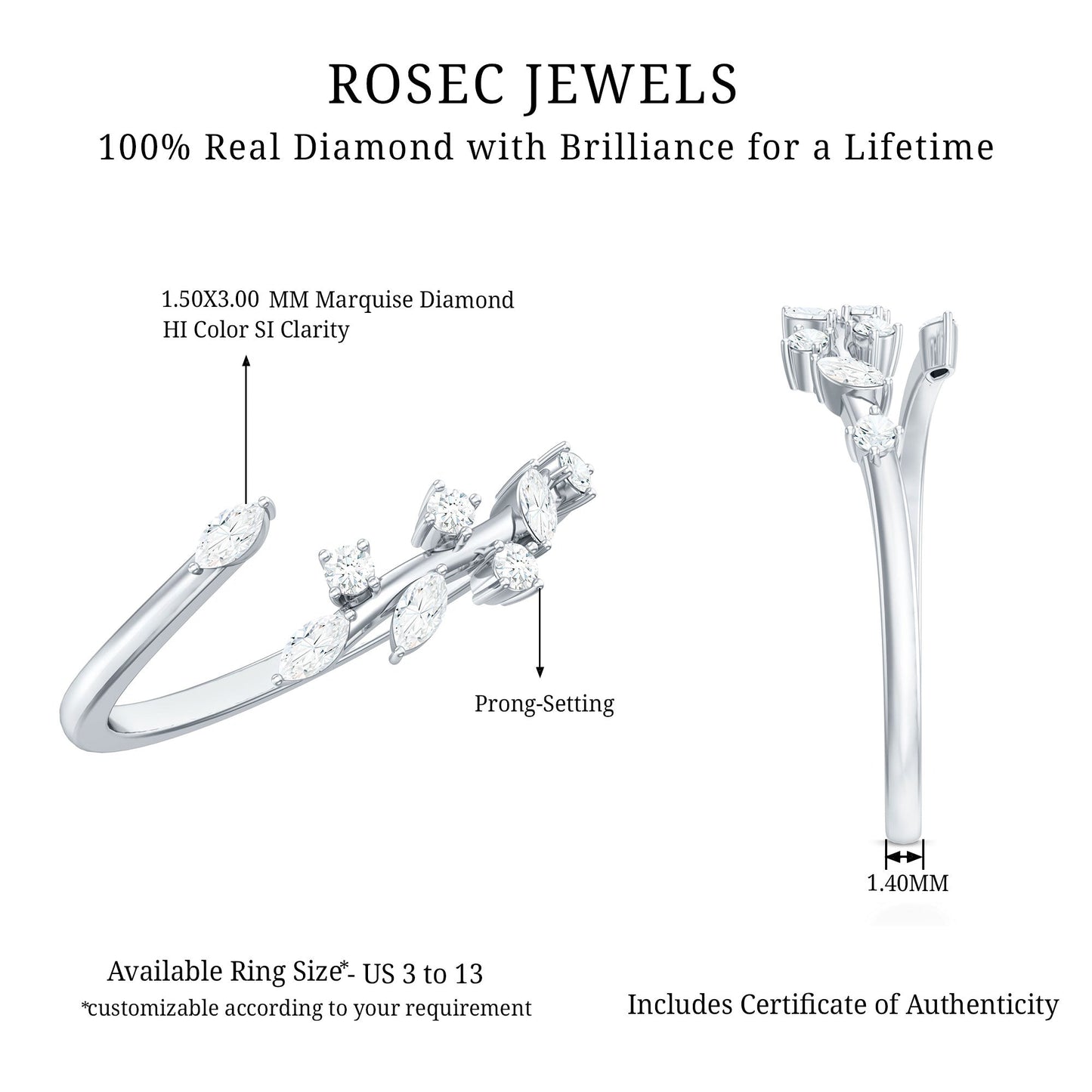 Marquise and Round Shape Natural Diamond Wrap Ring