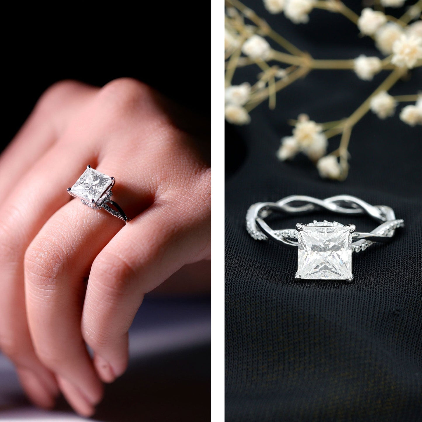 Certified 3 Carat Moissanite Princess Cut Engagement Ring with Braided Shank